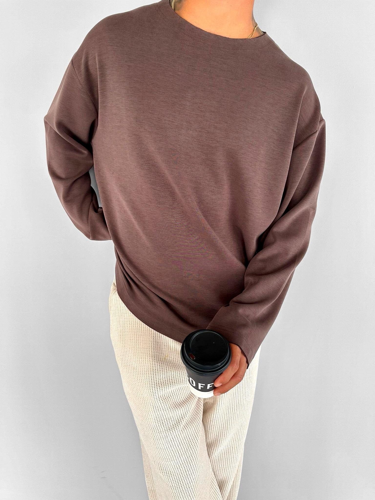 Erkek Oversize Basic Uzun Kollu Sweatshirt Kahverengi