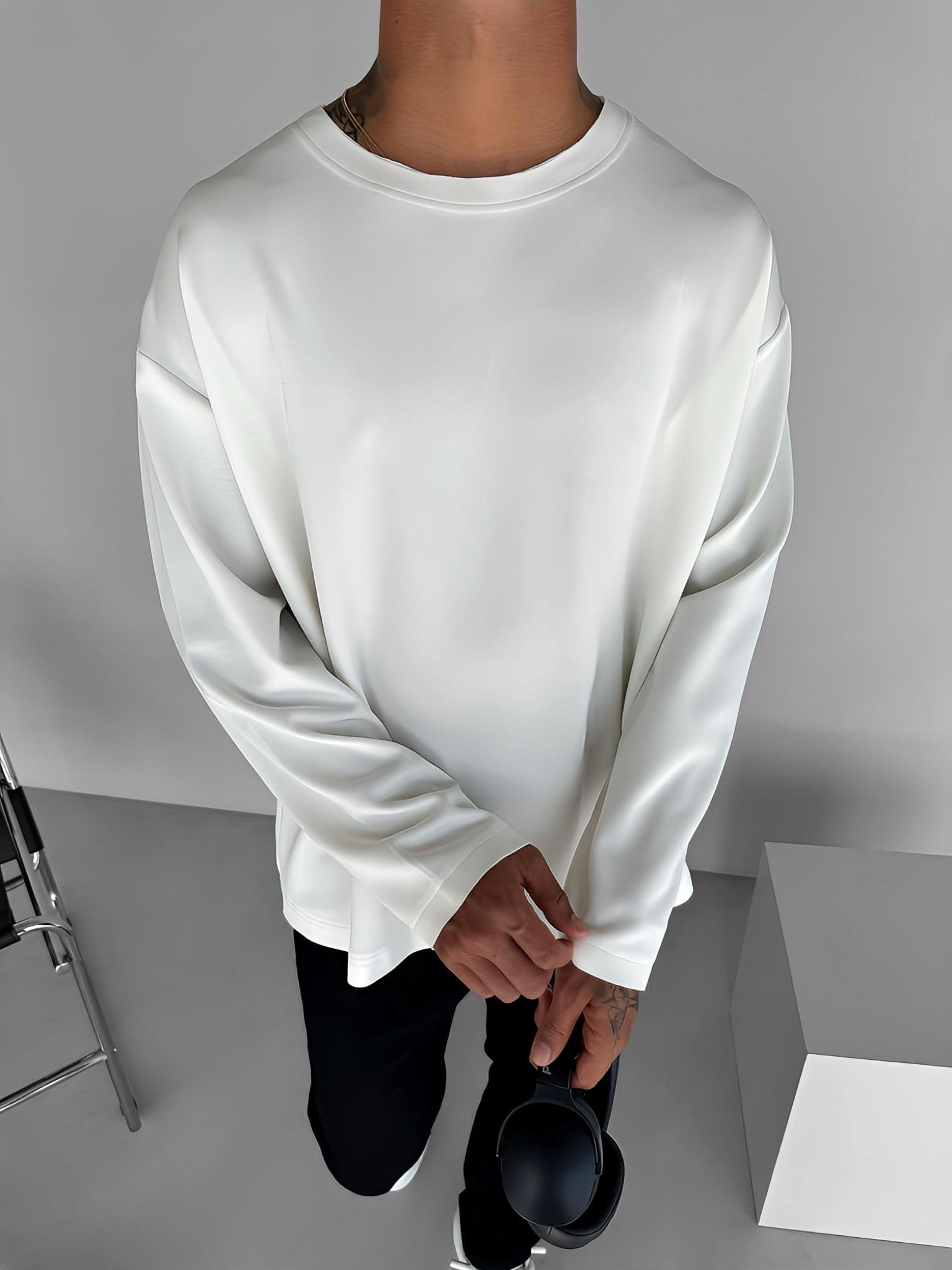 Erkek Oversize Basic Uzun Kollu Sweatshirt Ekru