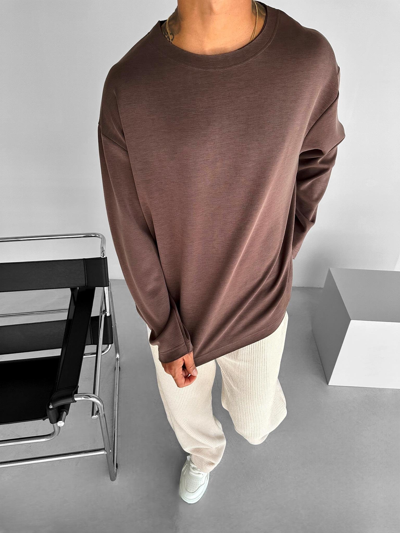 Erkek Oversize Basic Uzun Kollu Sweatshirt Kahverengi