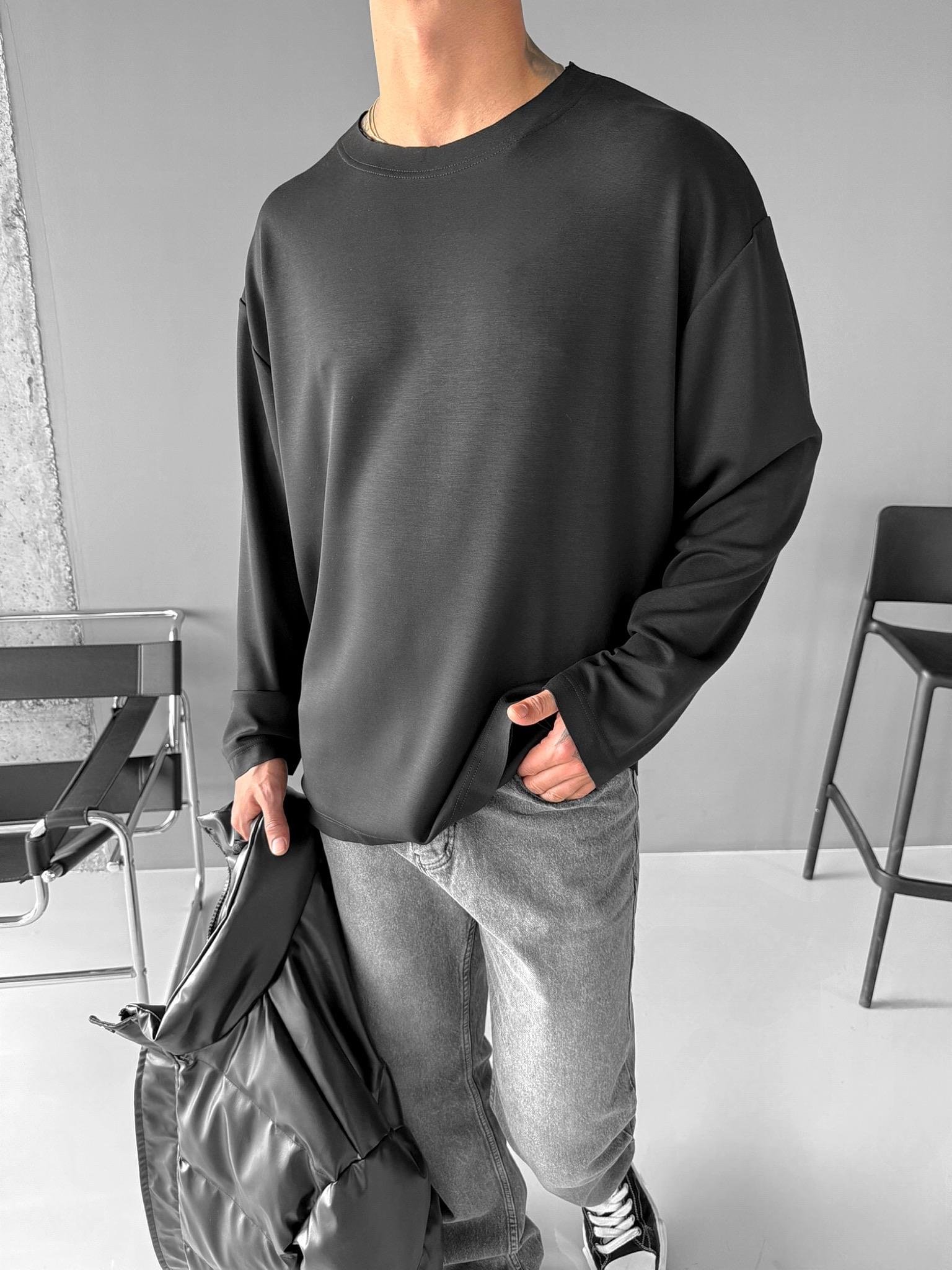 Erkek Oversize Basic Uzun Kollu Sweatshirt Siyah