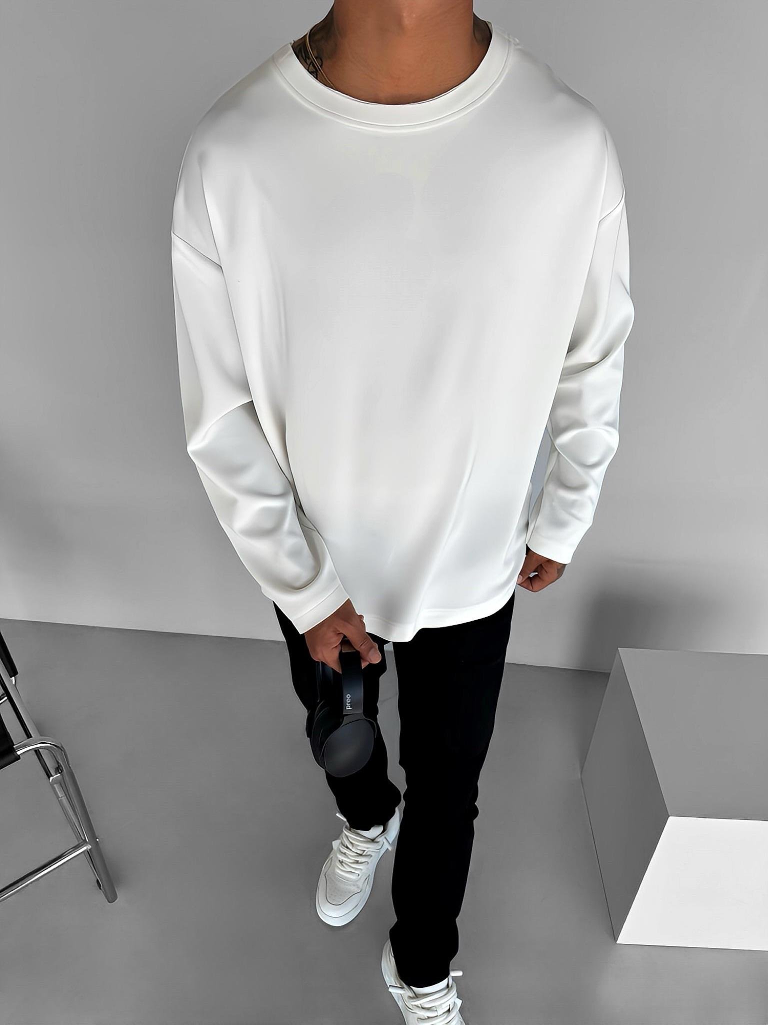 Erkek Oversize Basic Uzun Kollu Sweatshirt Ekru