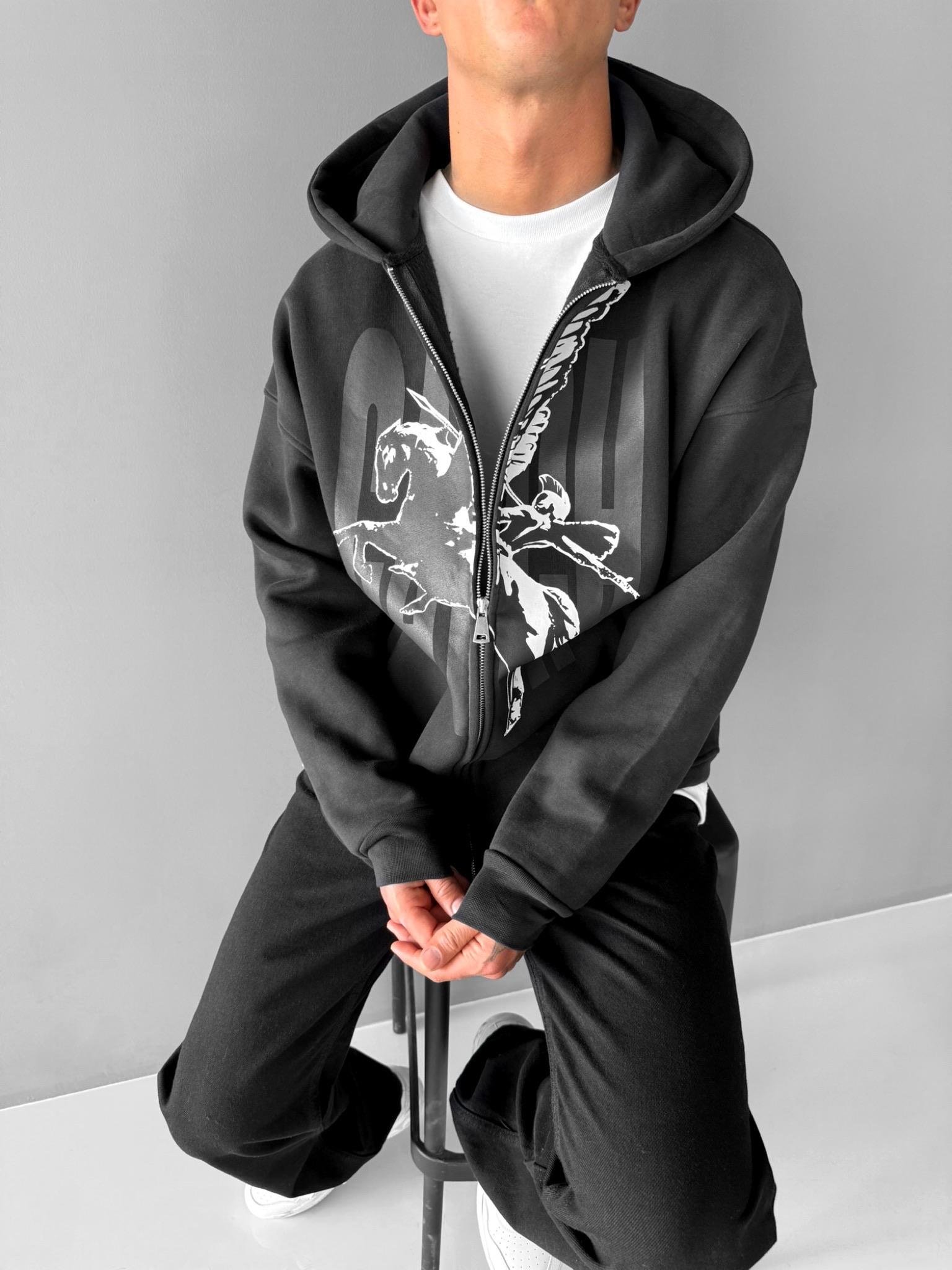 Erkek Oversize Baskılı Kapüşonlu Fermuarlı Sweatshirt Siyah