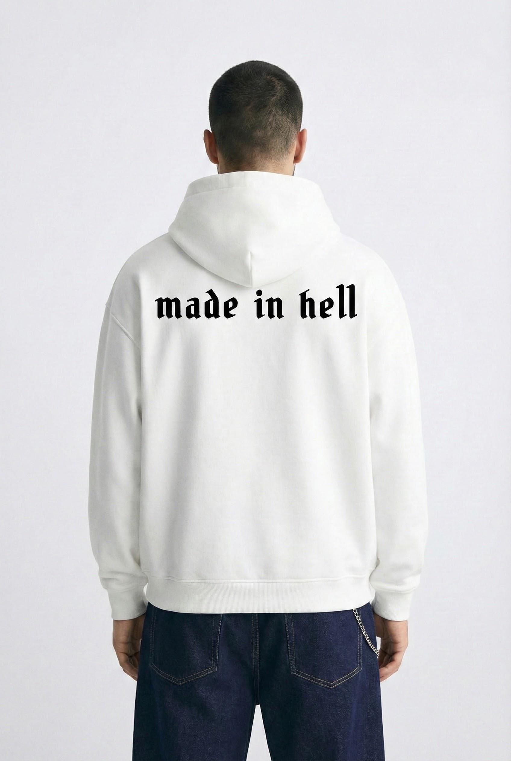 Erkek Oversize Baskılı Premium Kapüşonlu Sweatshirt Ekru