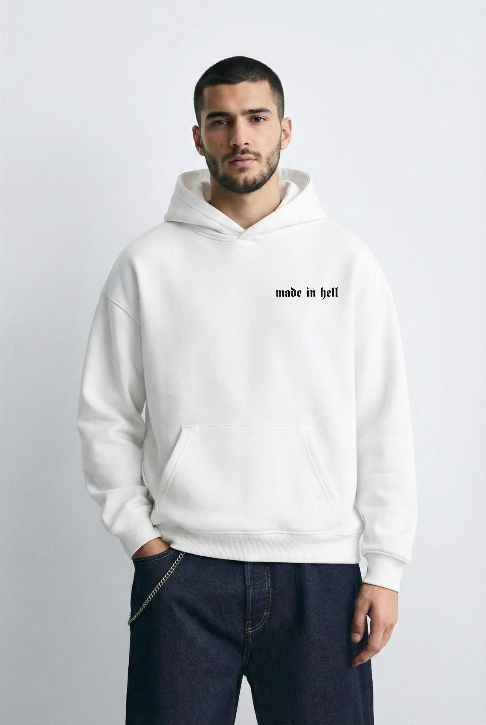 Erkek Oversize Baskılı Premium Kapüşonlu Sweatshirt Ekru