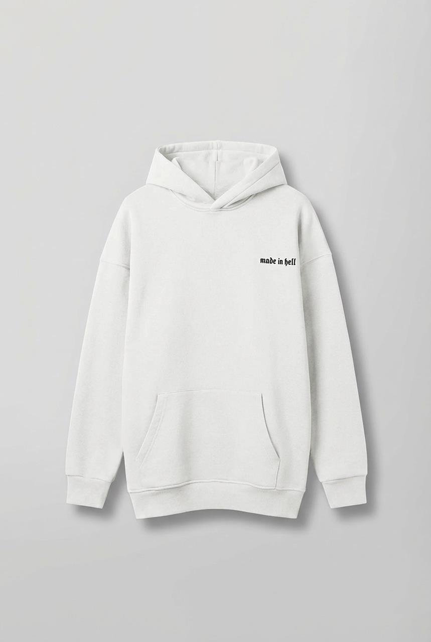 Erkek Oversize Baskılı Premium Kapüşonlu Sweatshirt Ekru