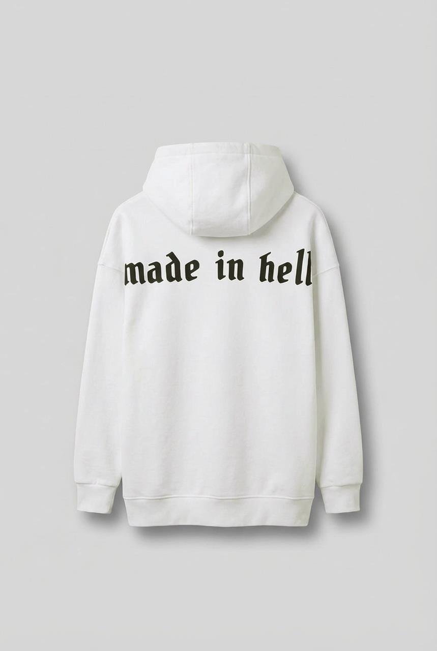 Erkek Oversize Baskılı Premium Kapüşonlu Sweatshirt Ekru