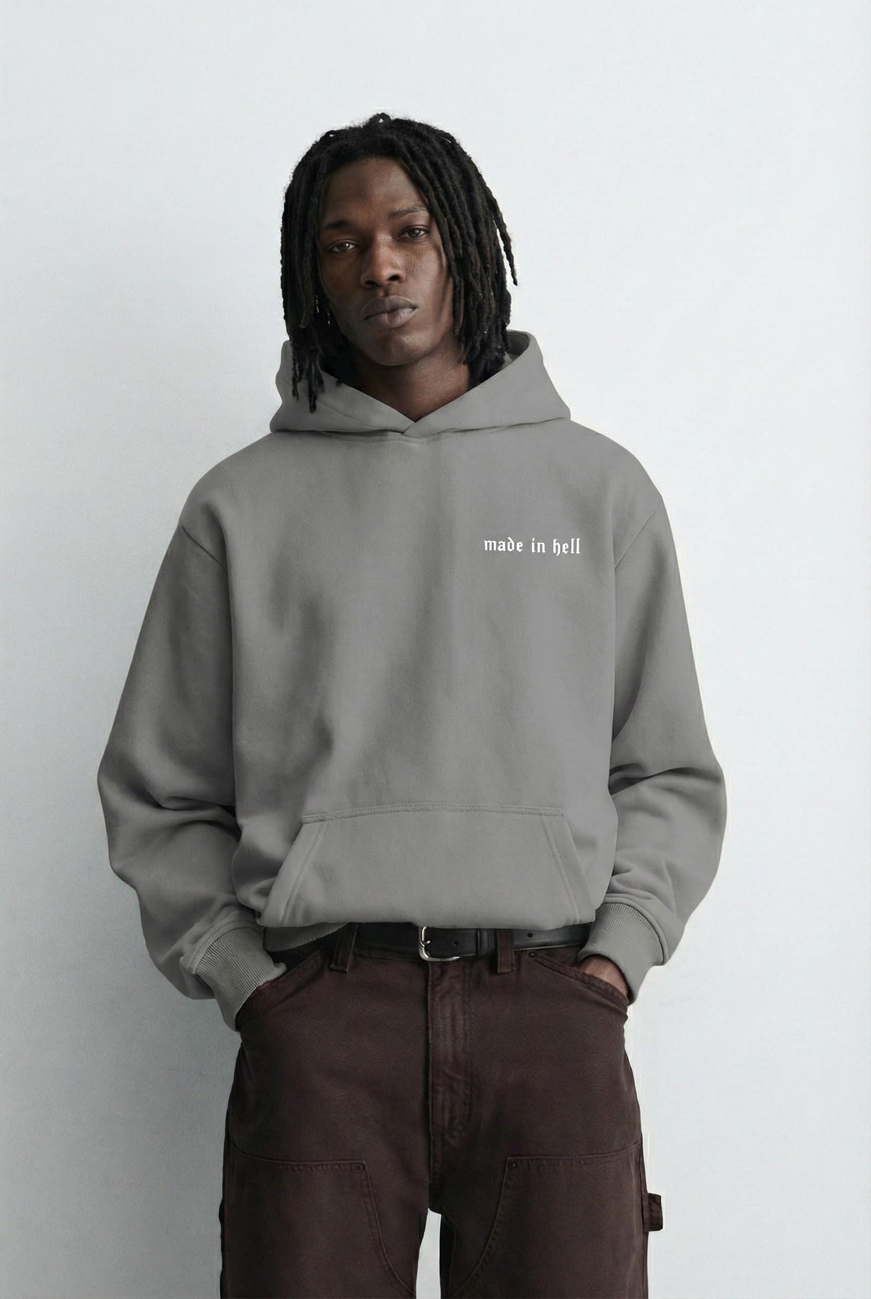 Erkek Oversize Baskılı Premium Kapüşonlu Sweatshirt Gri