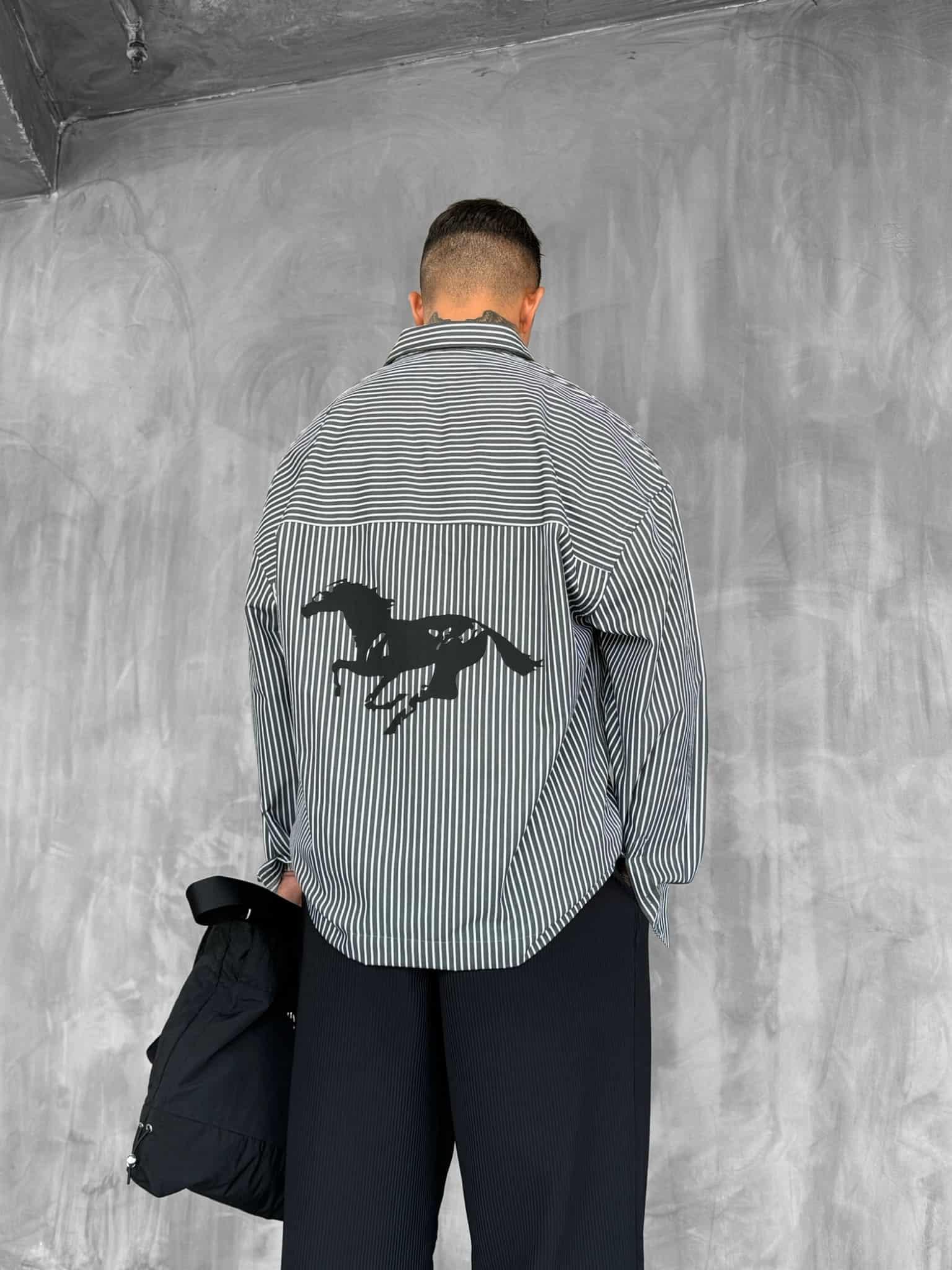 Erkek Oversize Baskılı Uzun Kollu Gömlek Siyah