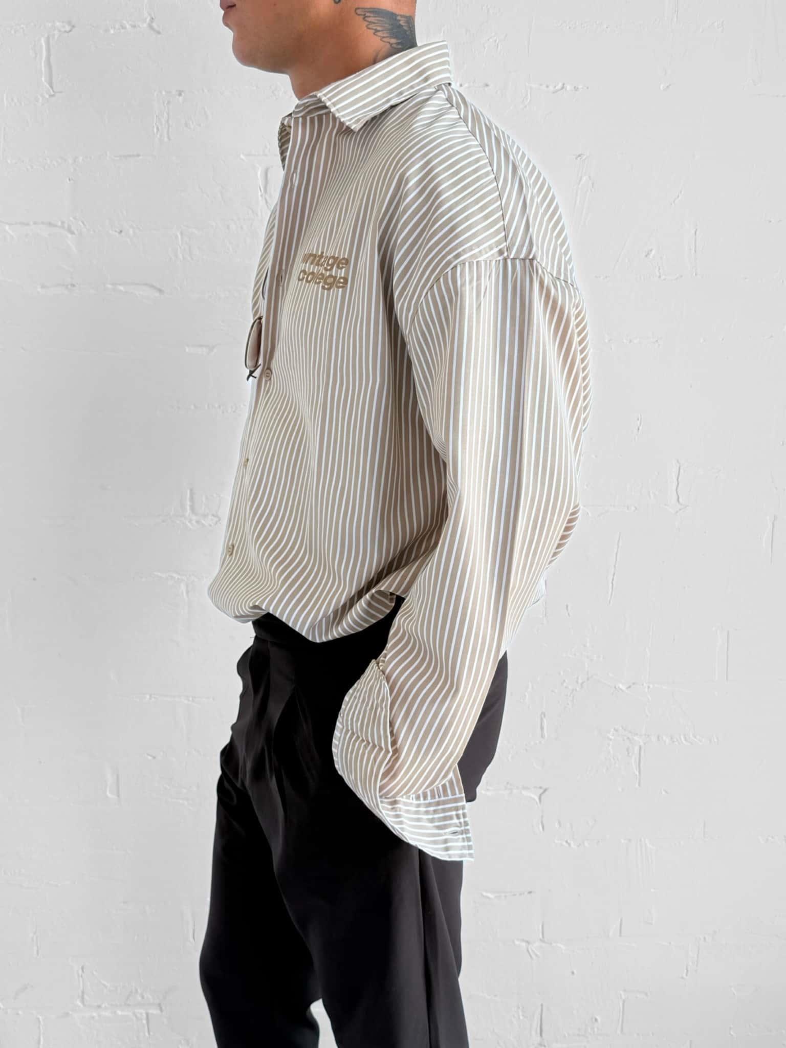 Erkek Oversize Baskılı Uzun Kollu Gömlek Açık Kahve