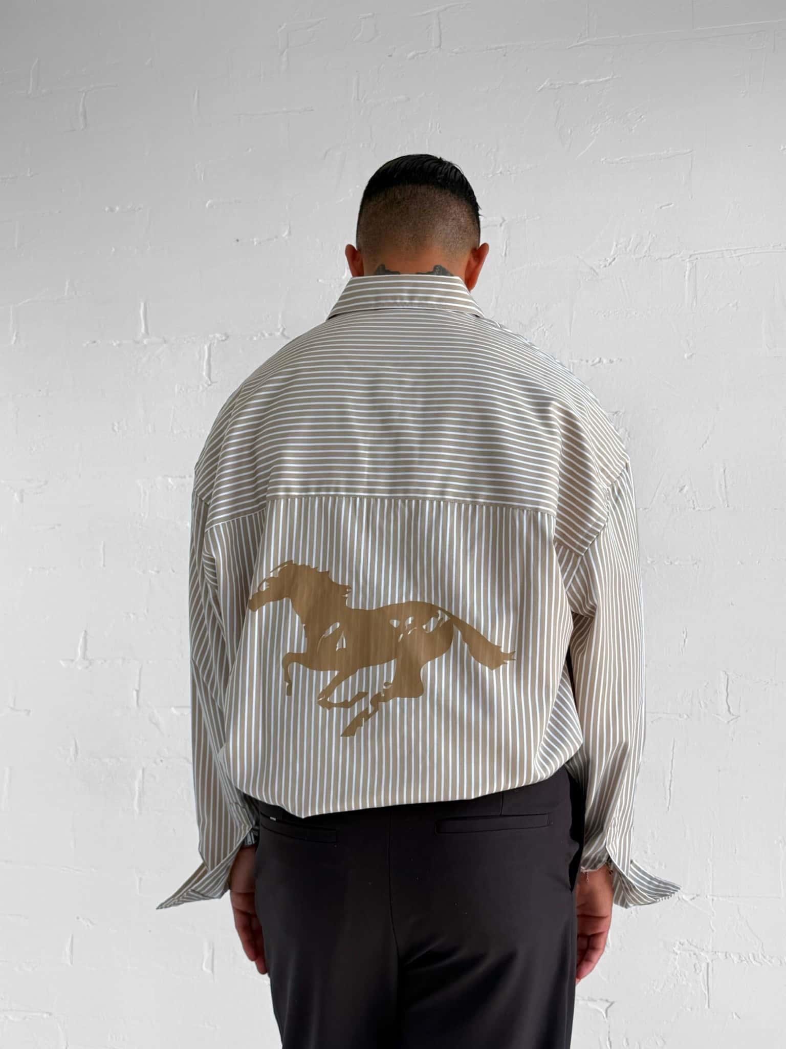 Erkek Oversize Baskılı Uzun Kollu Gömlek Açık Kahve