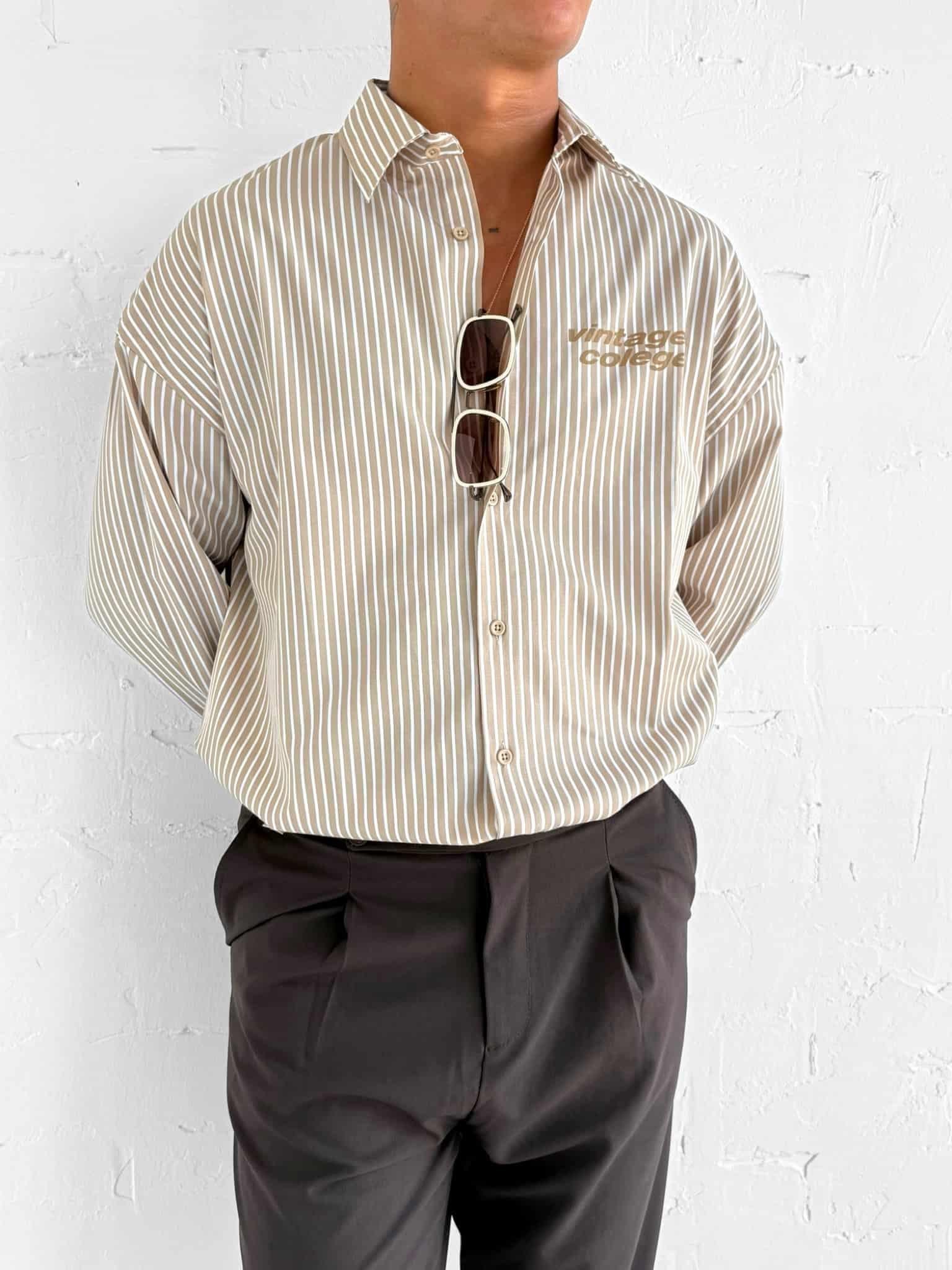 Erkek Oversize Baskılı Uzun Kollu Gömlek Açık Kahve