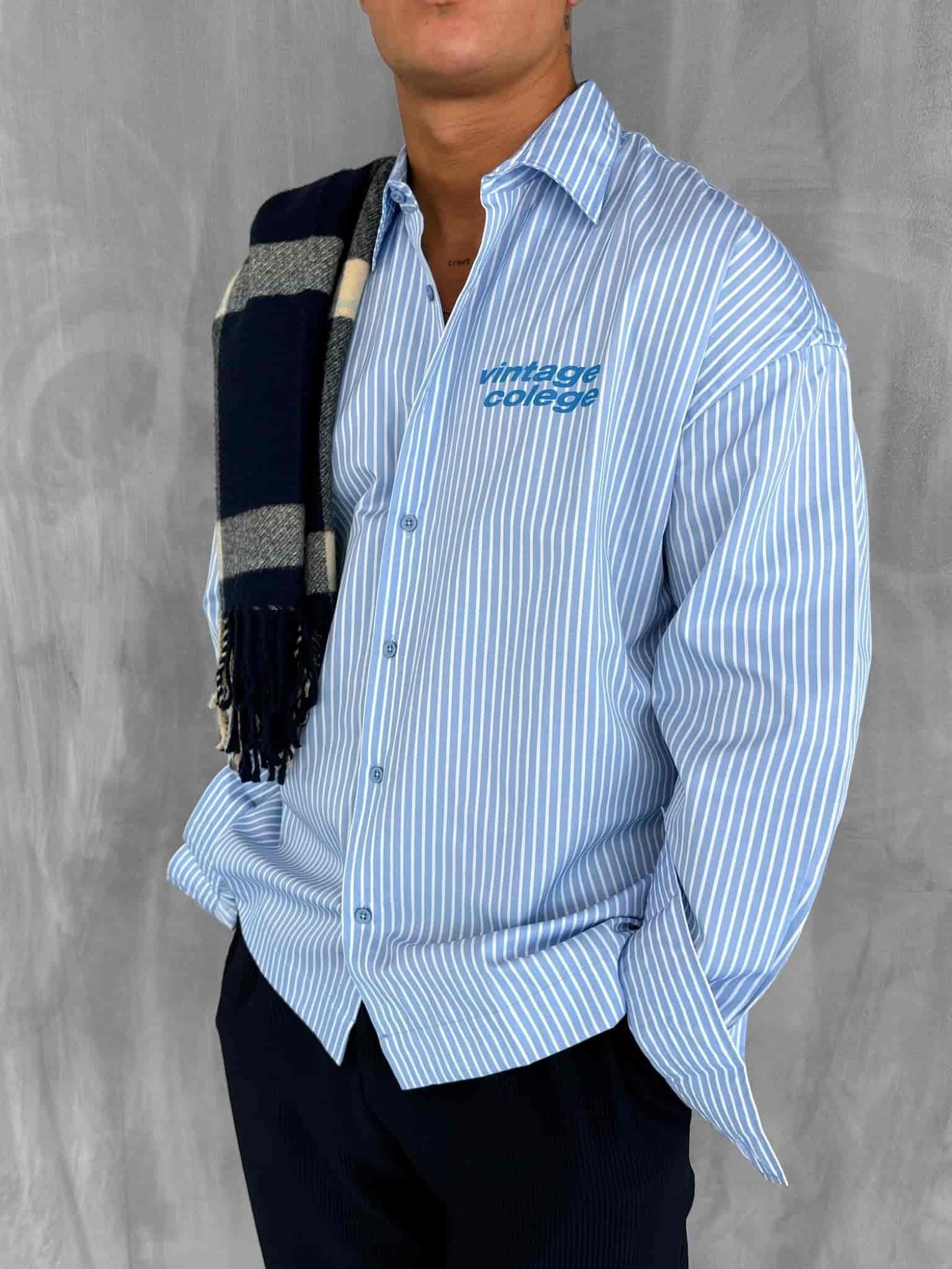 Erkek Oversize Baskılı Uzun Kollu Gömlek Mavi