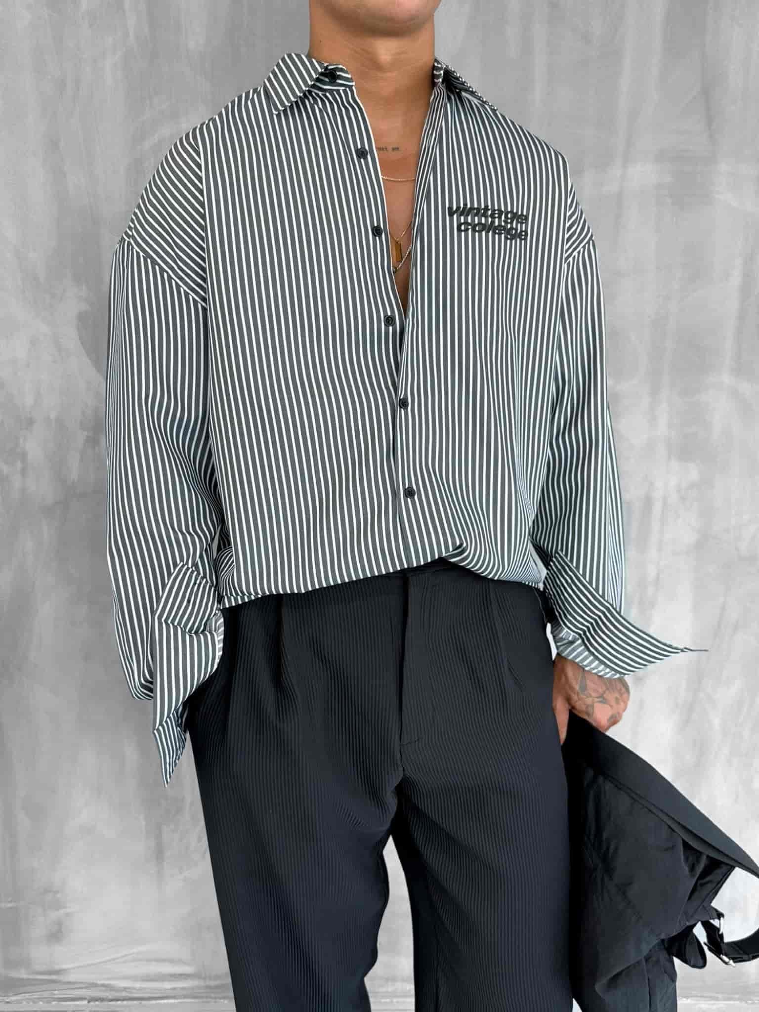 Erkek Oversize Baskılı Uzun Kollu Gömlek Siyah