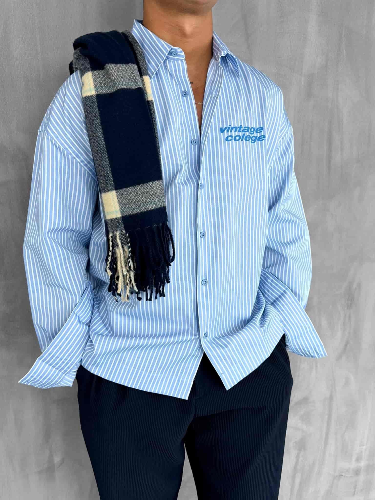 Erkek Oversize Baskılı Uzun Kollu Gömlek Mavi