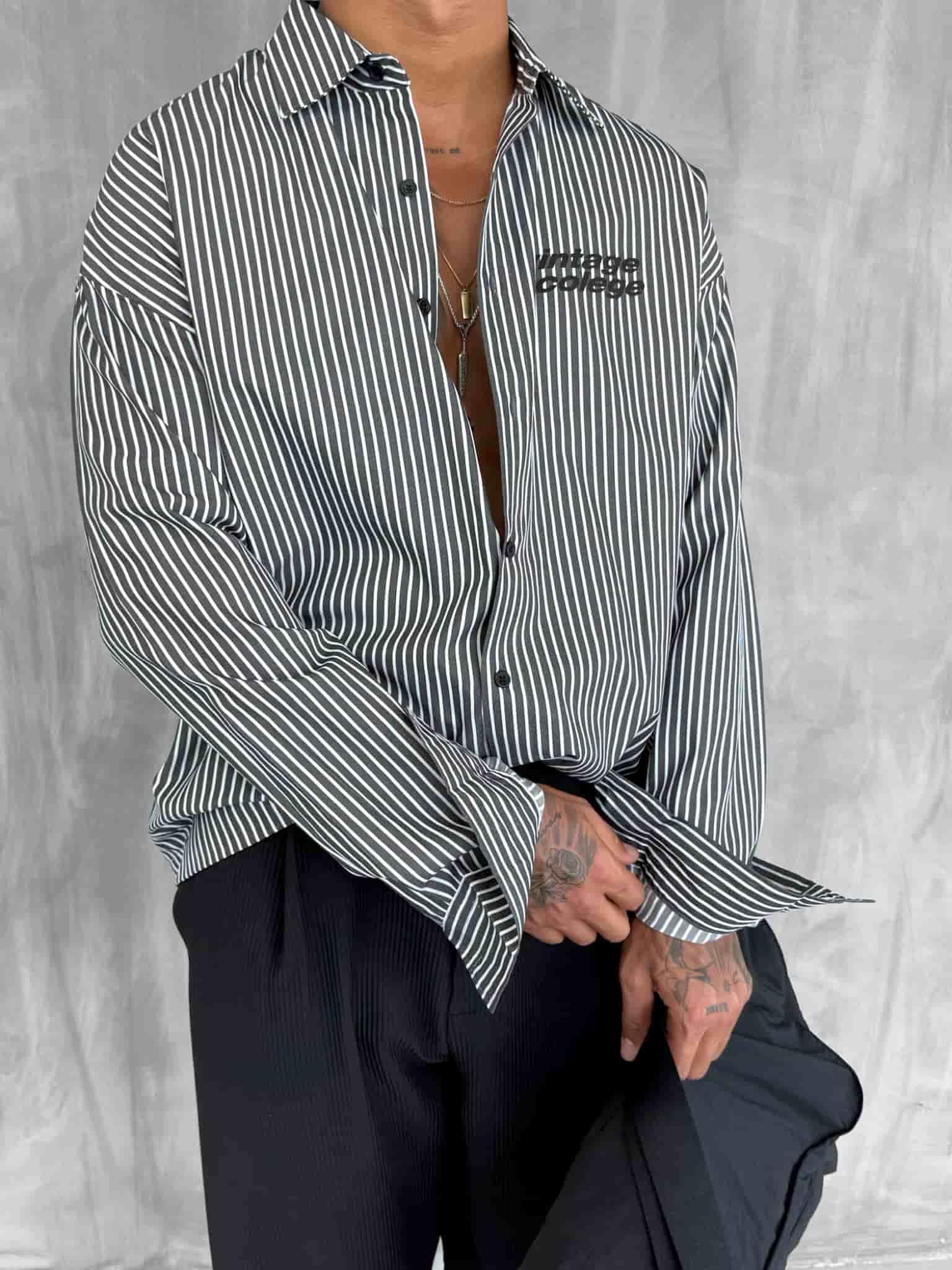 Erkek Oversize Baskılı Uzun Kollu Gömlek Siyah