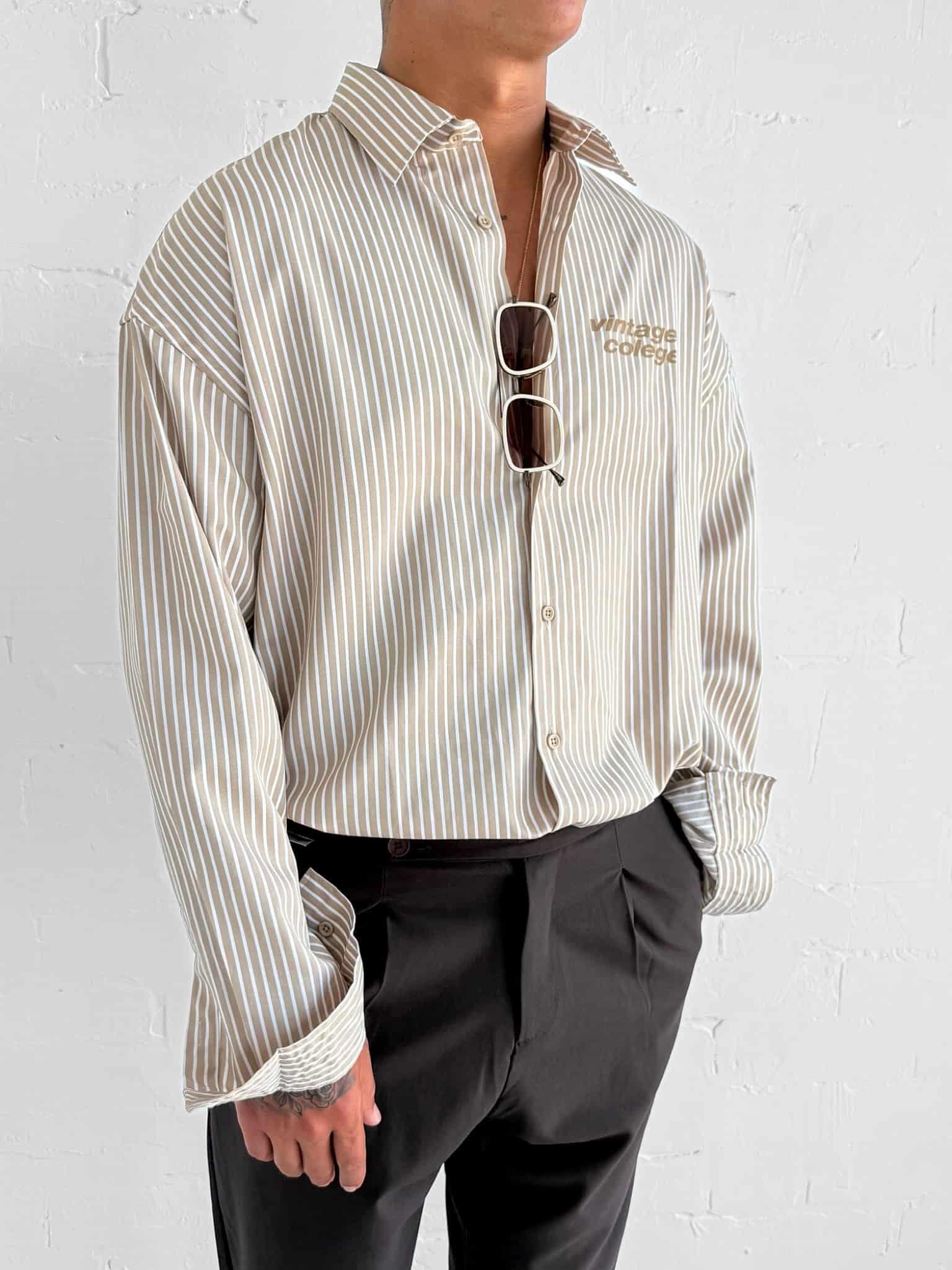 Erkek Oversize Baskılı Uzun Kollu Gömlek Açık Kahve