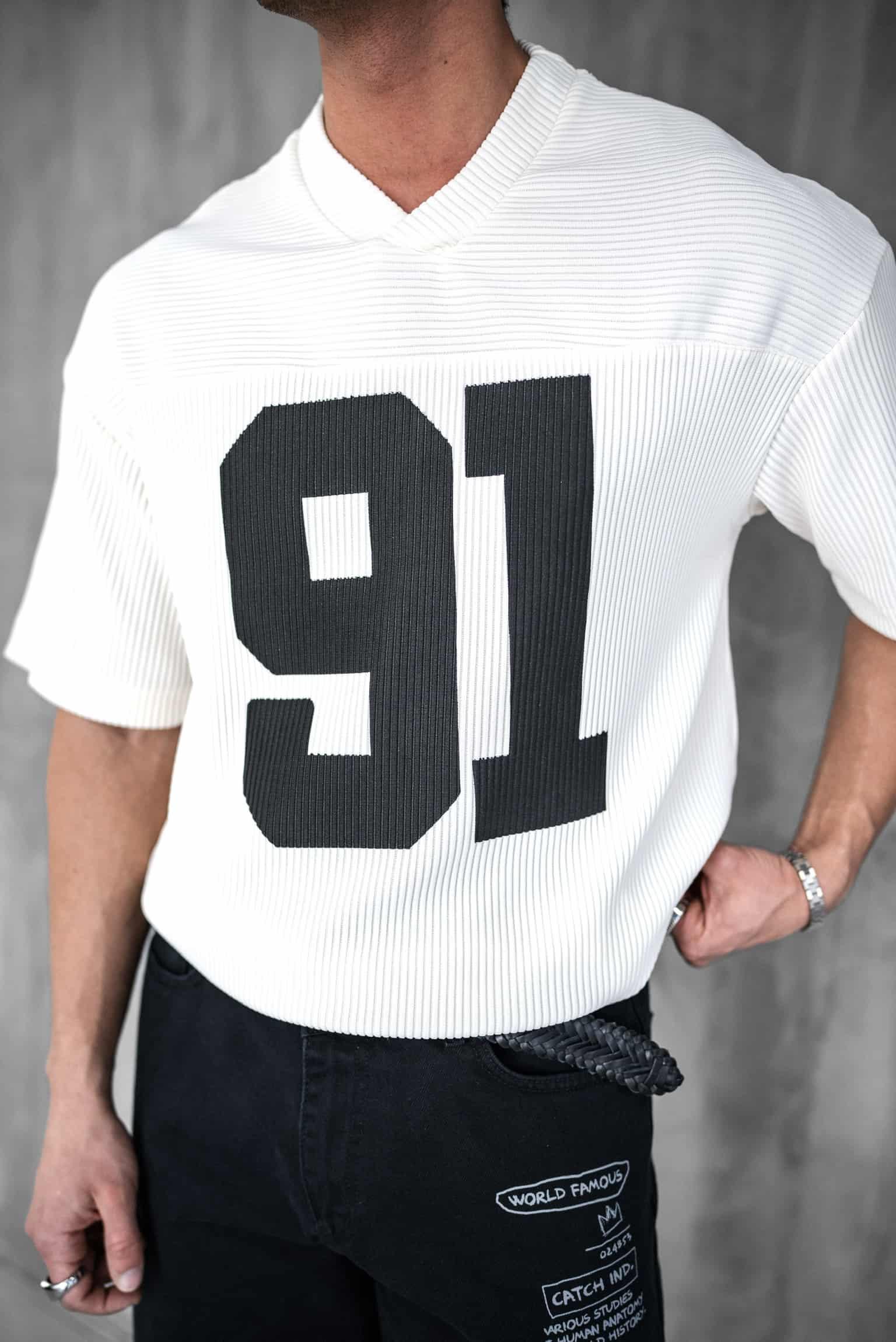 Erkek Oversize Baskılı V Yaka Forma T-Shirt Ekru