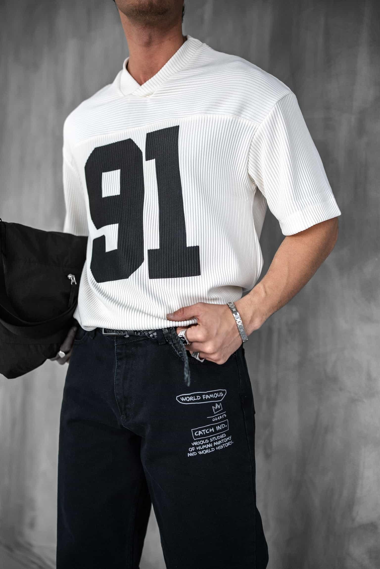 Erkek Oversize Baskılı V Yaka Forma T-Shirt Ekru