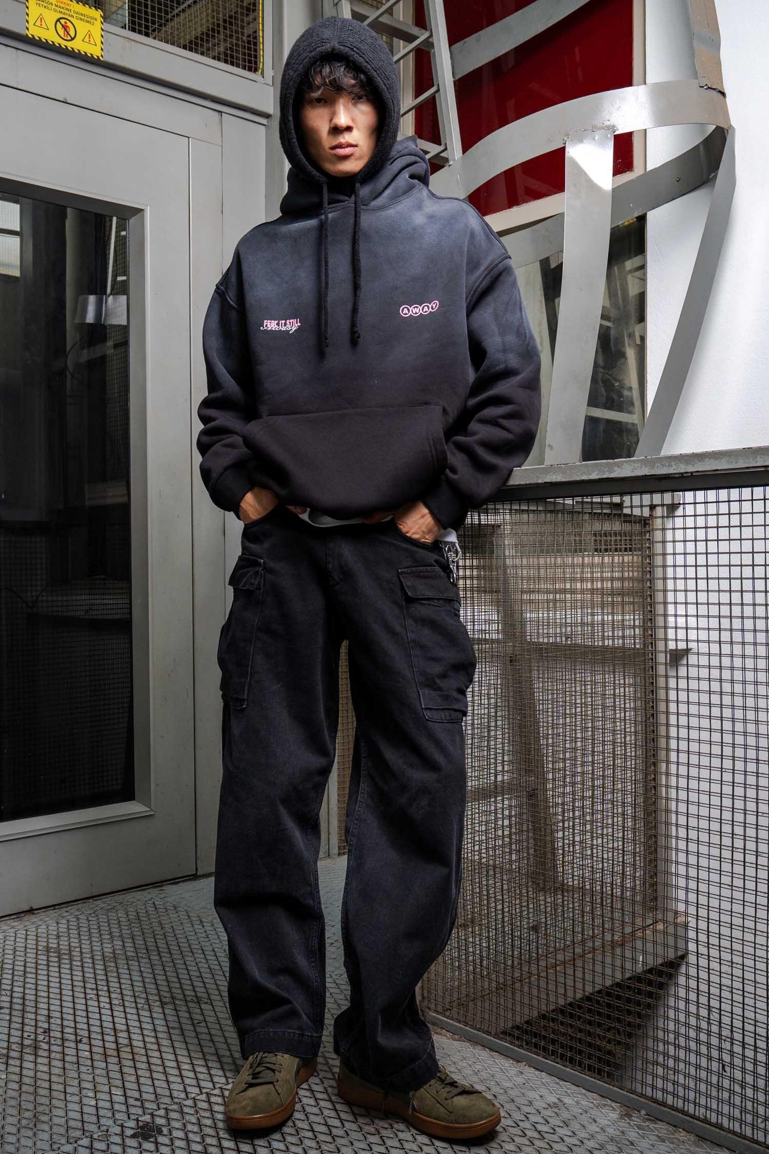 Erkek Oversize Baskılı Yıkamalı Kapüşonlu Hoodie Siyah