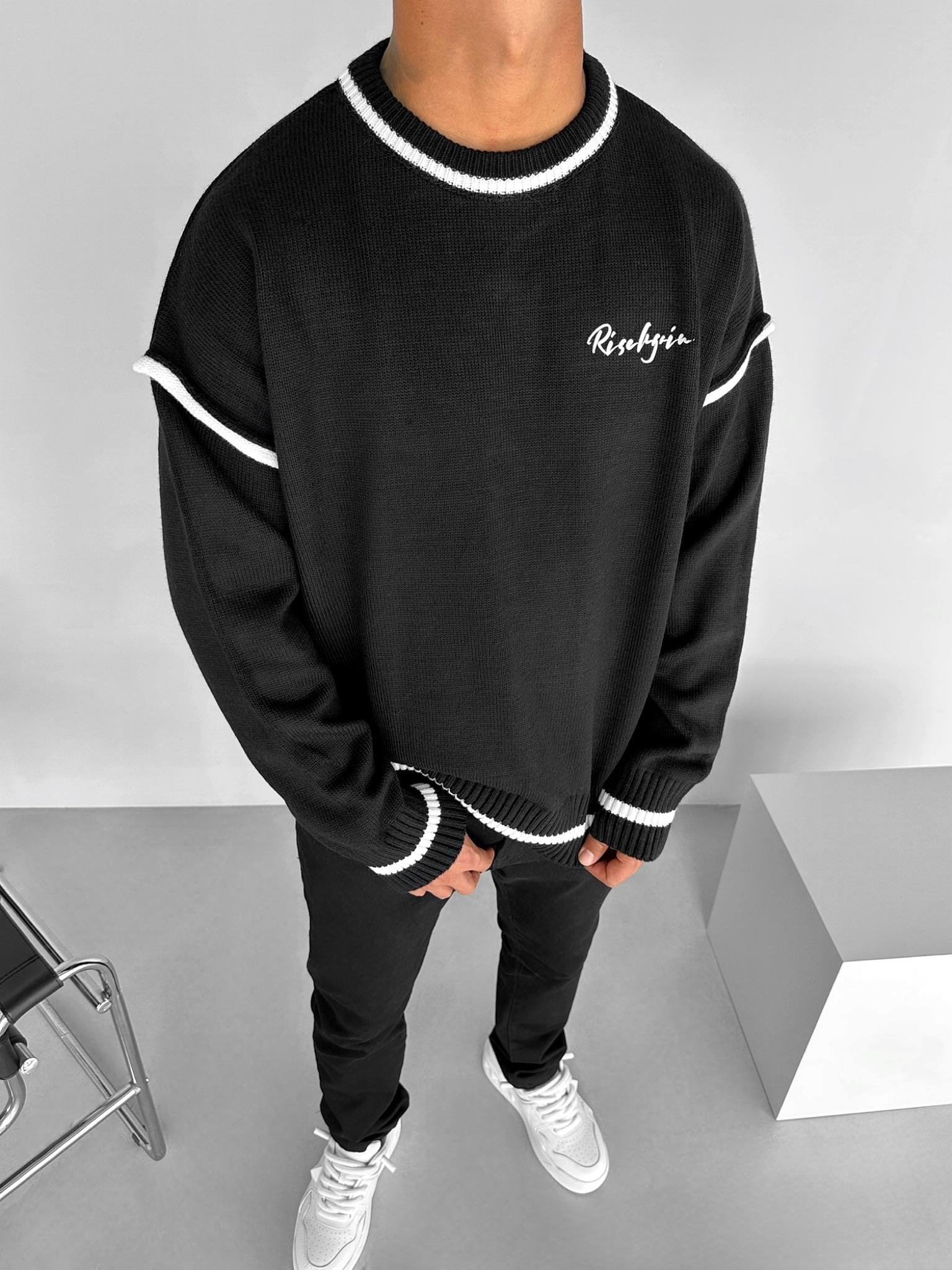 Erkek Oversize Baskılı Yuvarlak Yaka Pamuklu Kazak Siyah