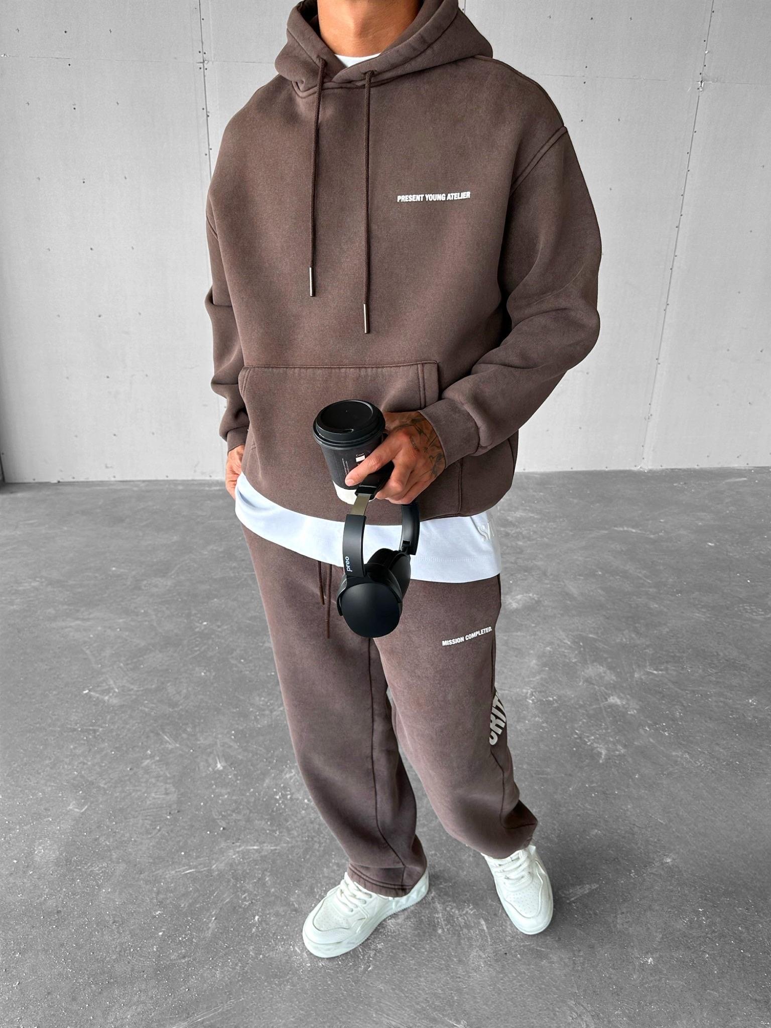 Erkek Oversize Basklı Yıkamalı Hoodie Kahverengi