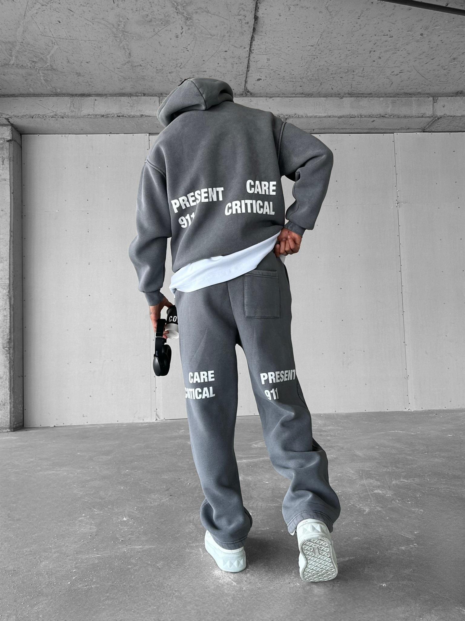 Erkek Oversize Basklı Yıkamalı Hoodie Gri