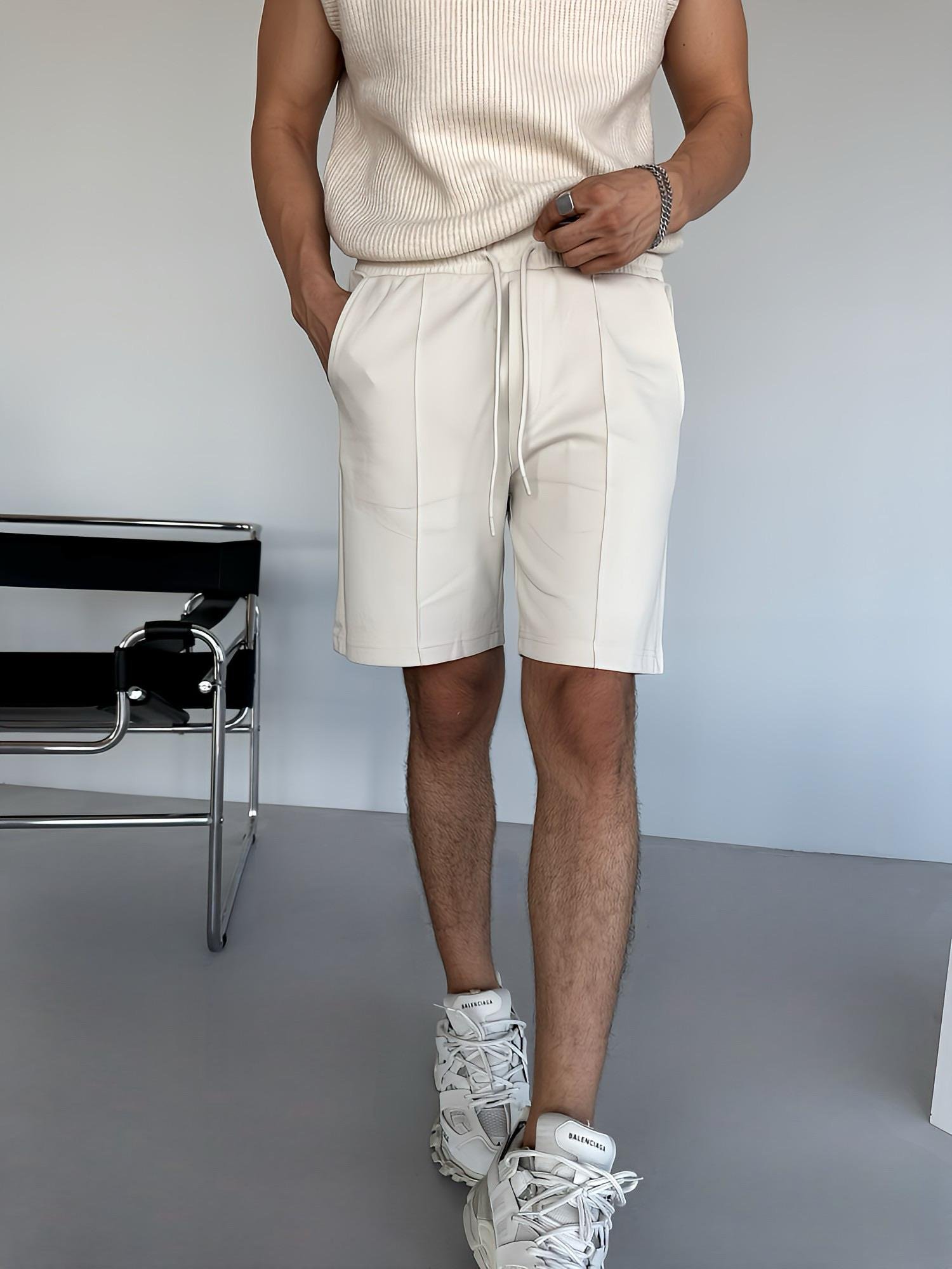 Erkek Oversize Beli Lastikli Şort Bej