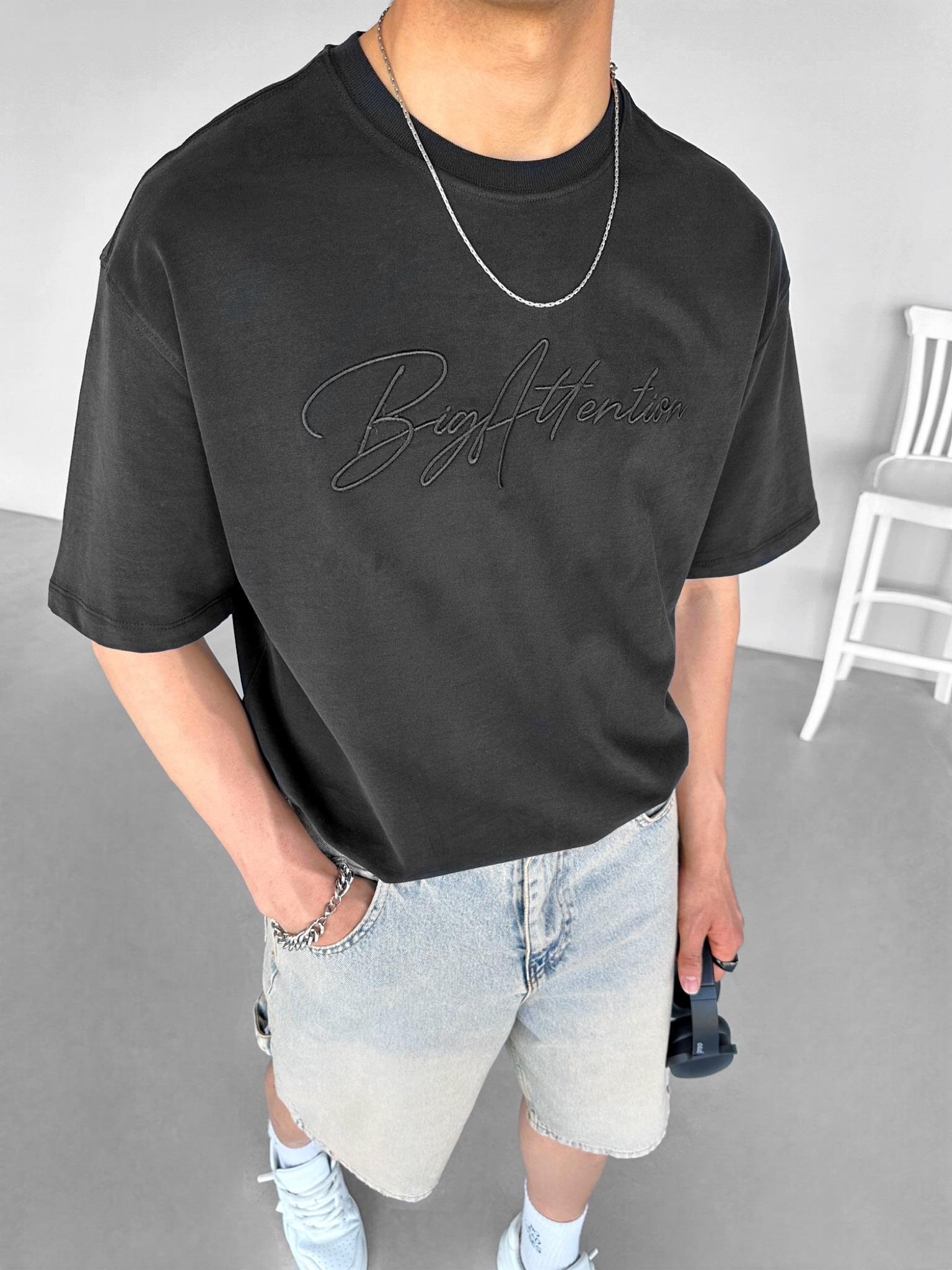 Erkek Oversize 'Big Atlention' İşlemeli T-Shirt Siyah