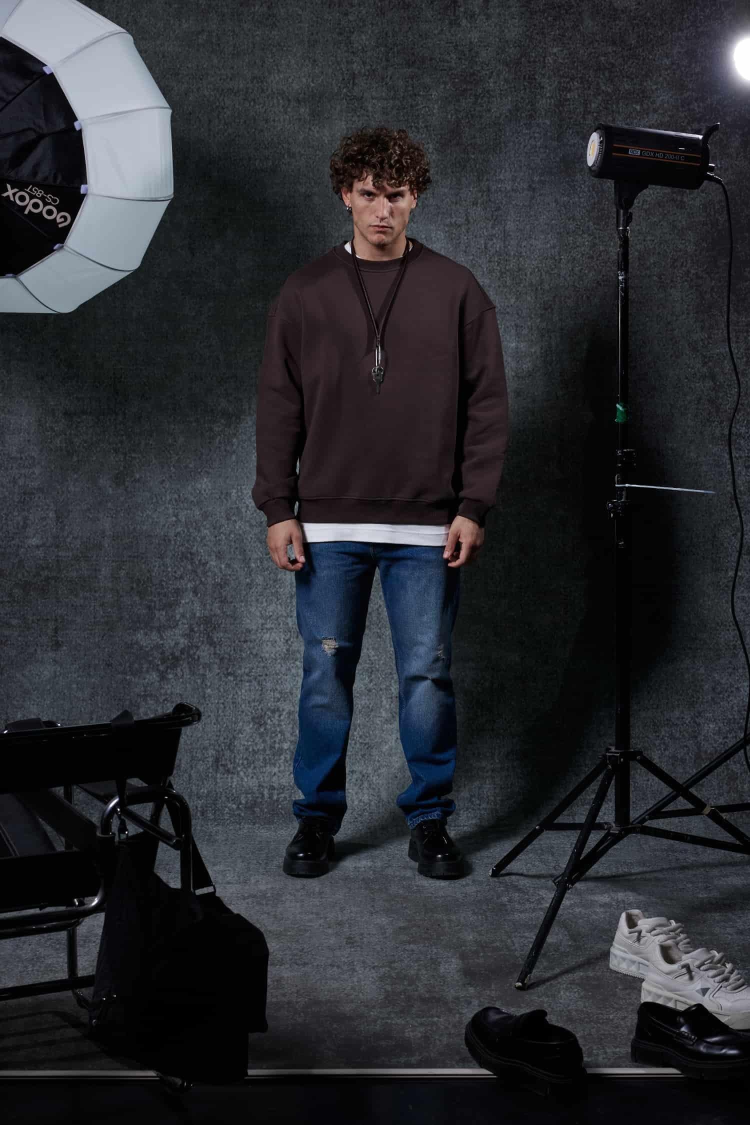 Erkek Oversize Bisiklet Yaka Basic Sweatshirt Kahverengi
