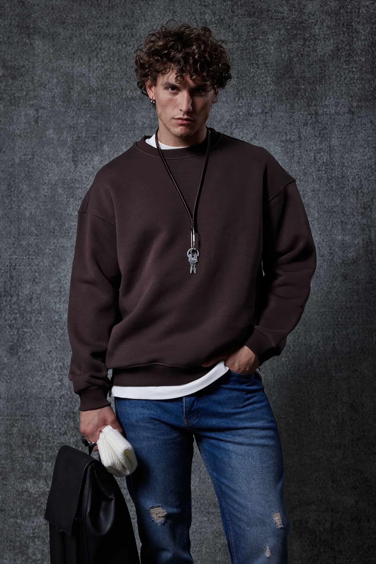 Erkek Oversize Bisiklet Yaka Basic Sweatshirt Kahverengi