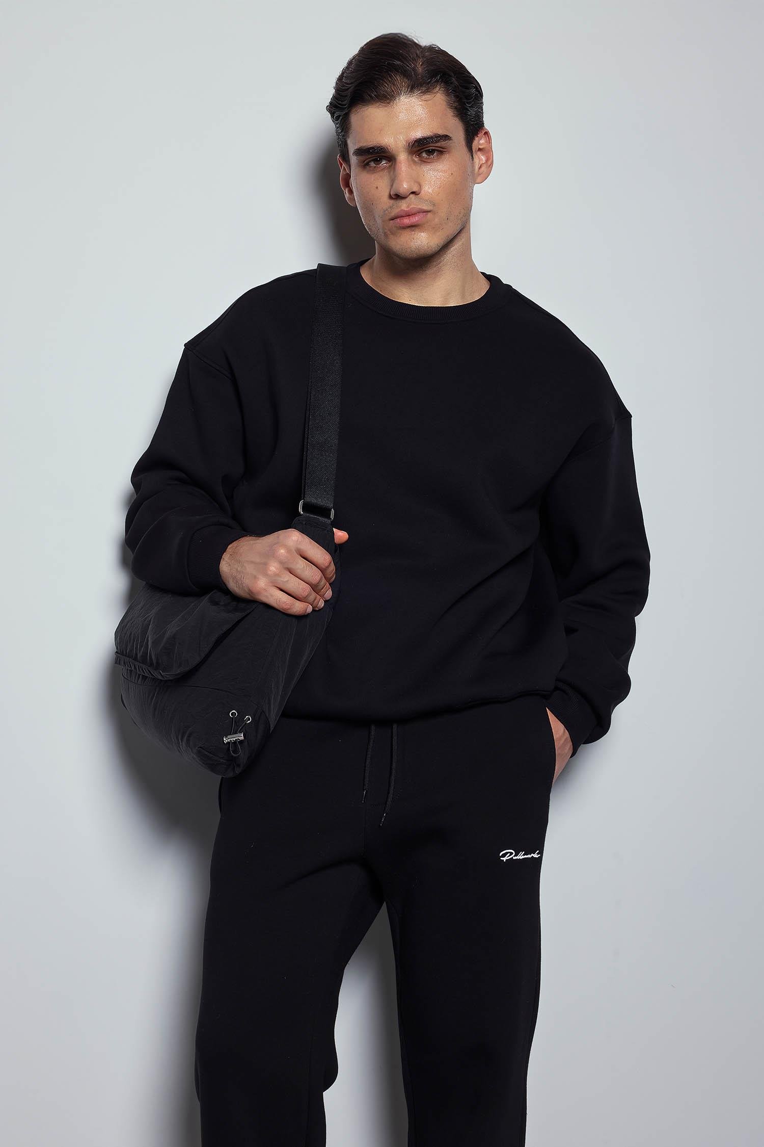 Erkek Oversize Bisiklet Yaka Basic Sweatshirt Siyah