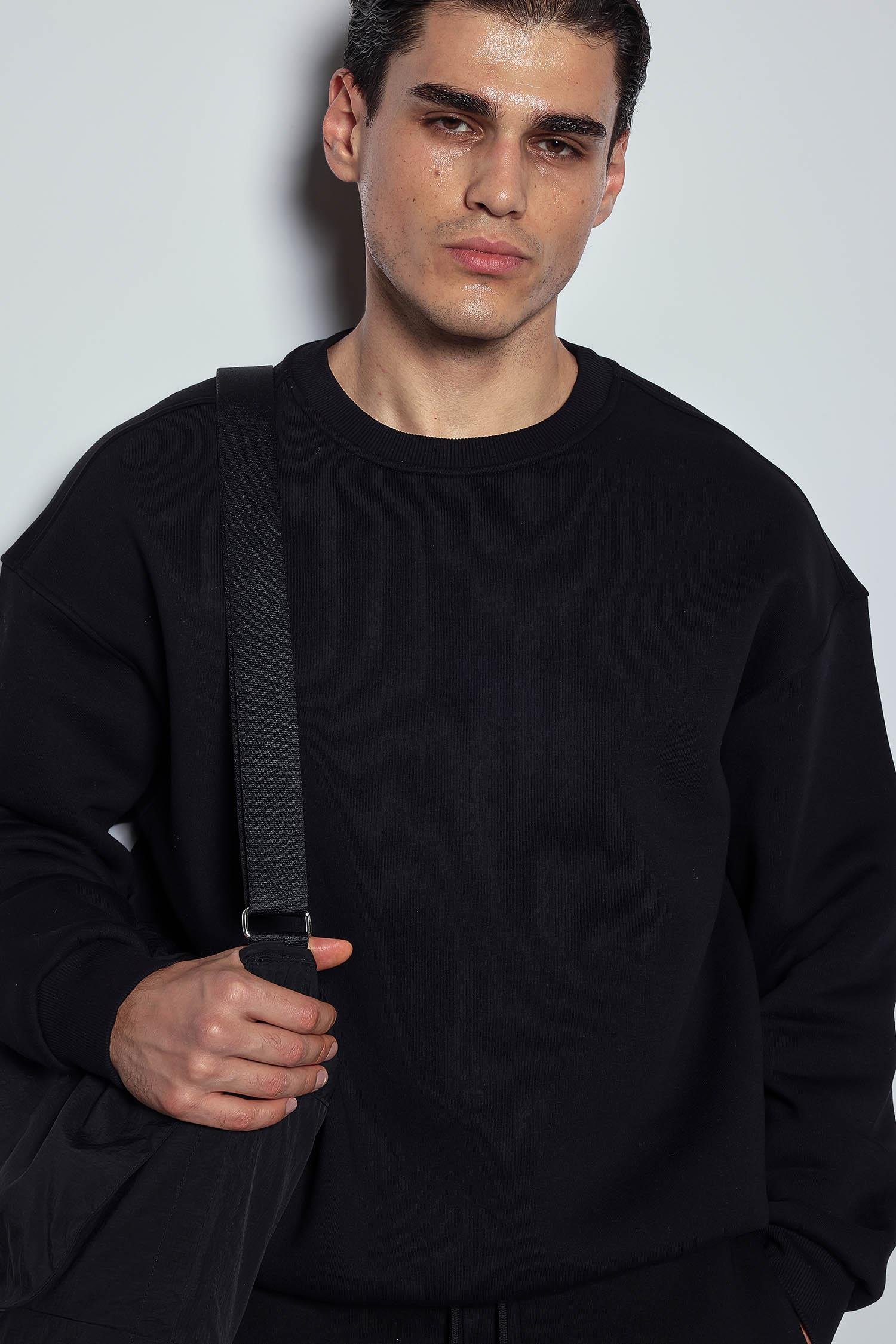 Erkek Oversize Bisiklet Yaka Basic Sweatshirt Siyah