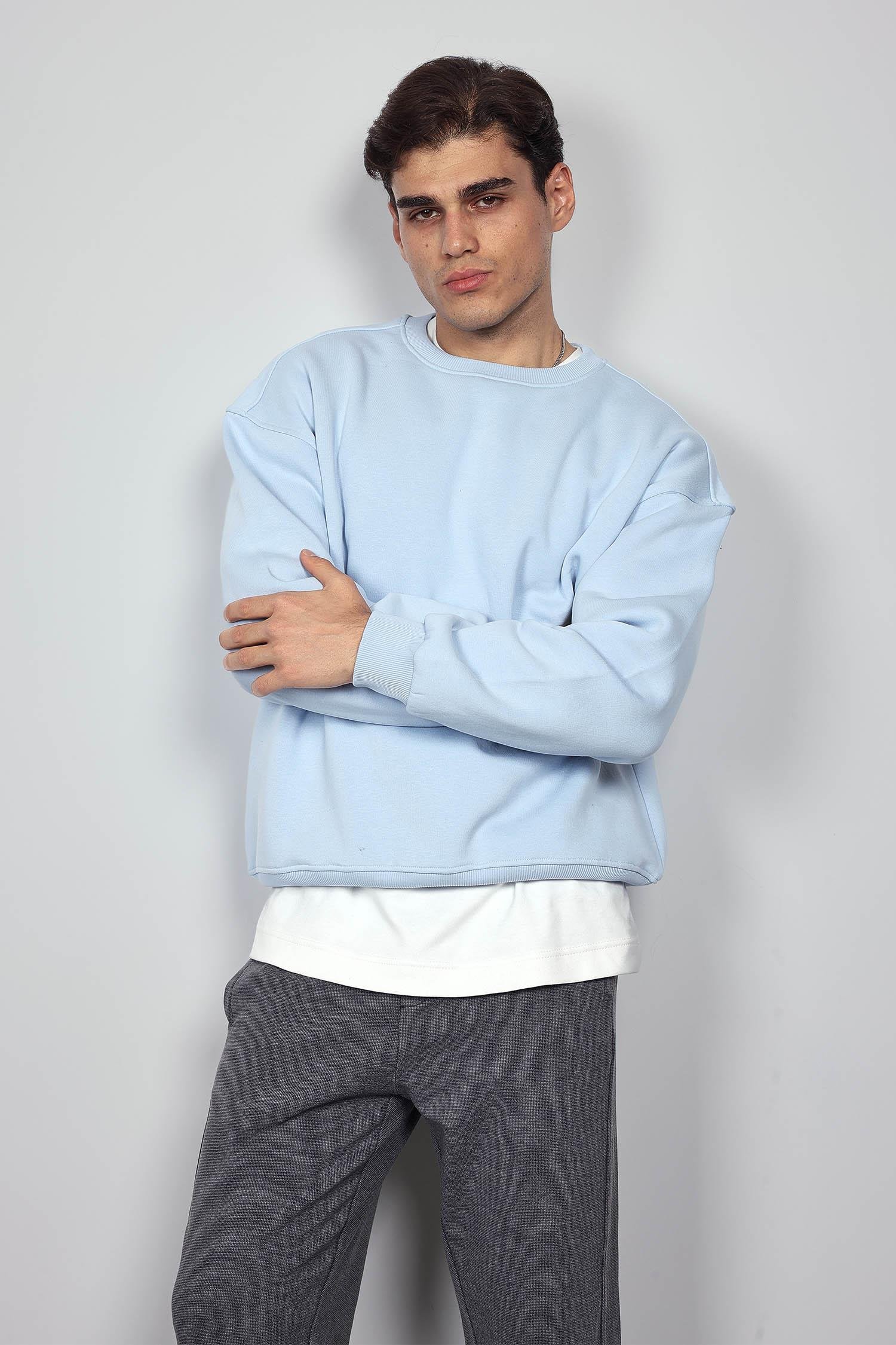 Erkek Oversize Bisiklet Yaka Basic Sweatshirt Açık Mavi