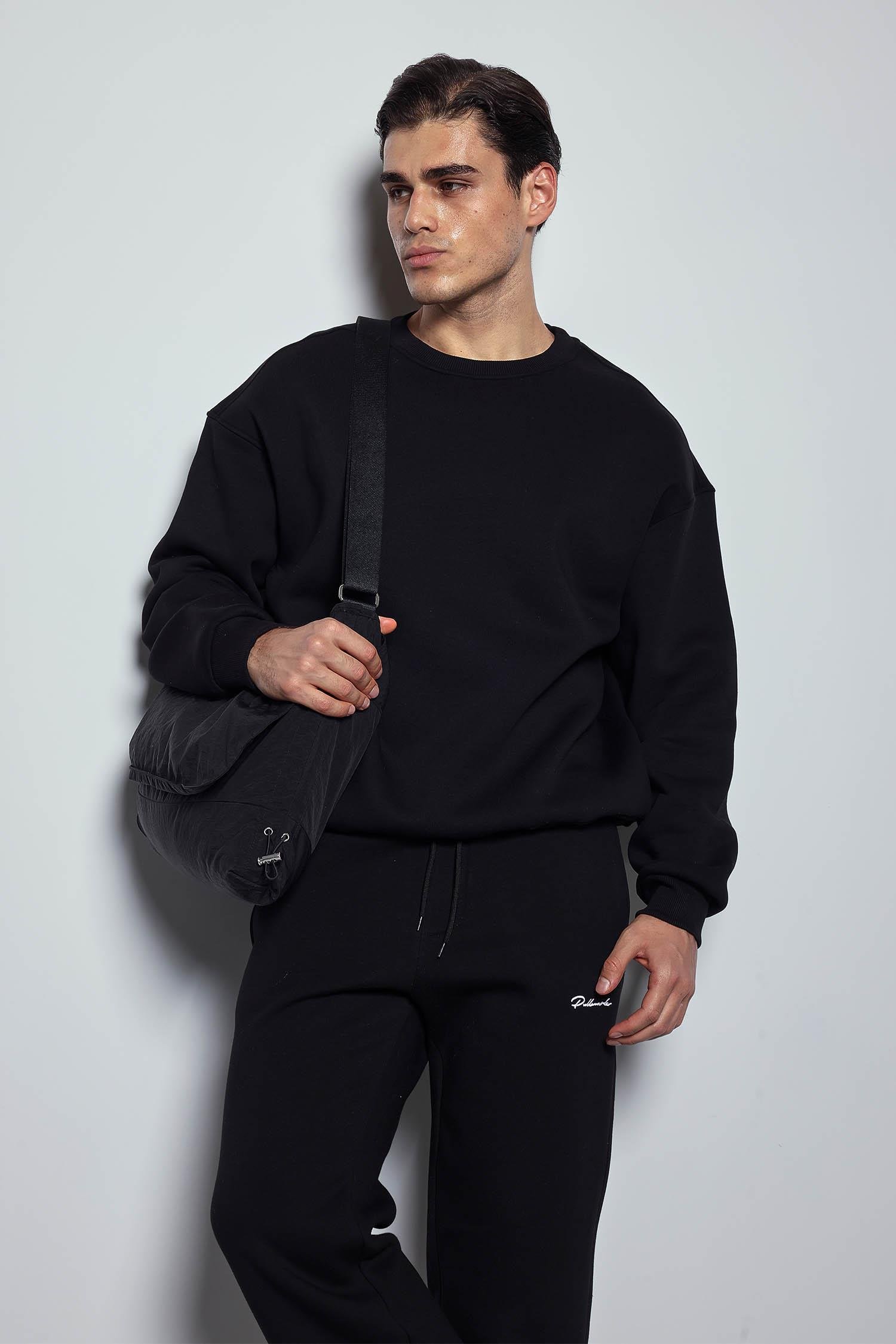 Erkek Oversize Bisiklet Yaka Basic Sweatshirt Siyah