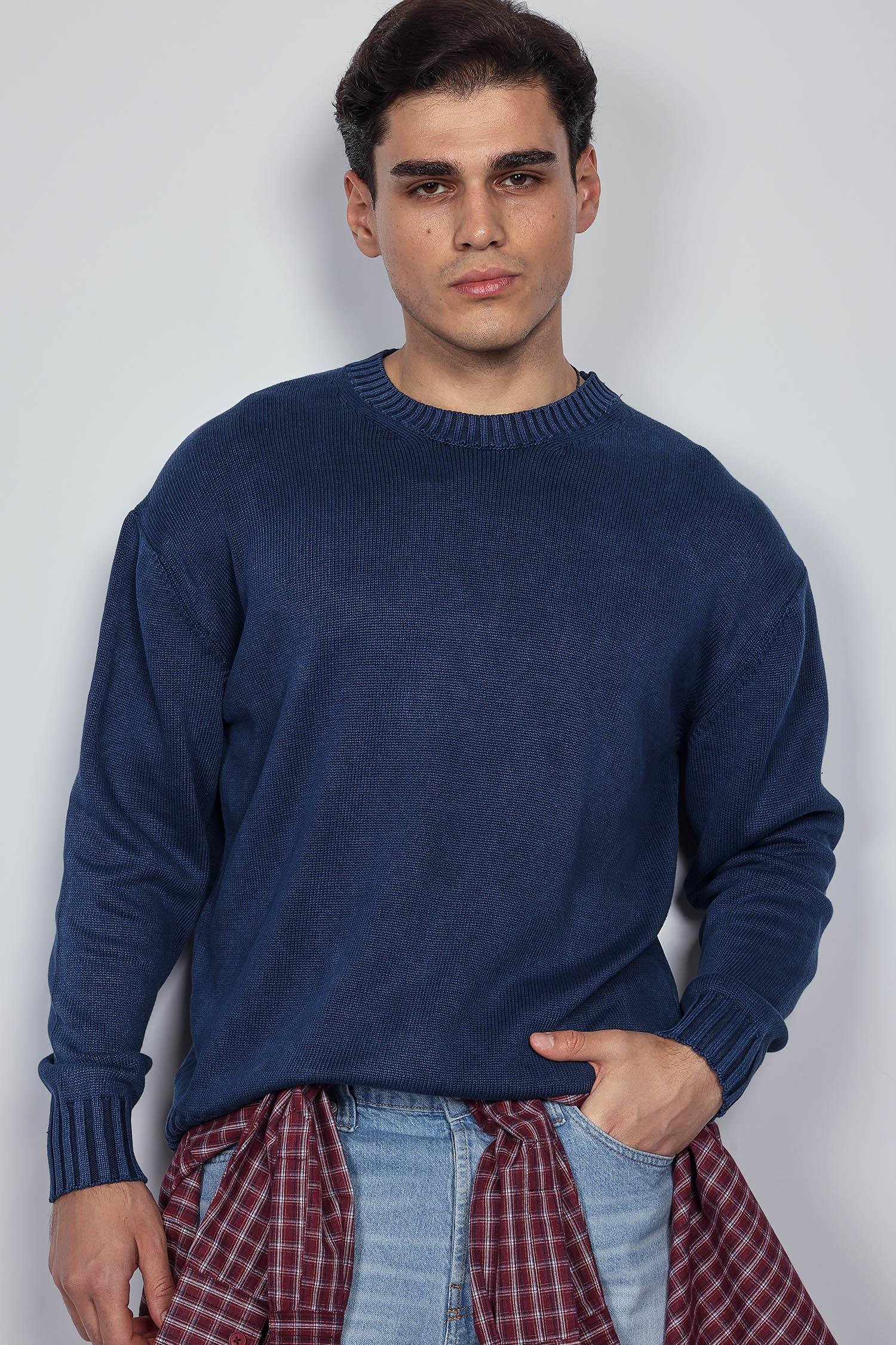 Erkek Oversize Bisiklet Yaka Basic Triko Kazak Lacivert