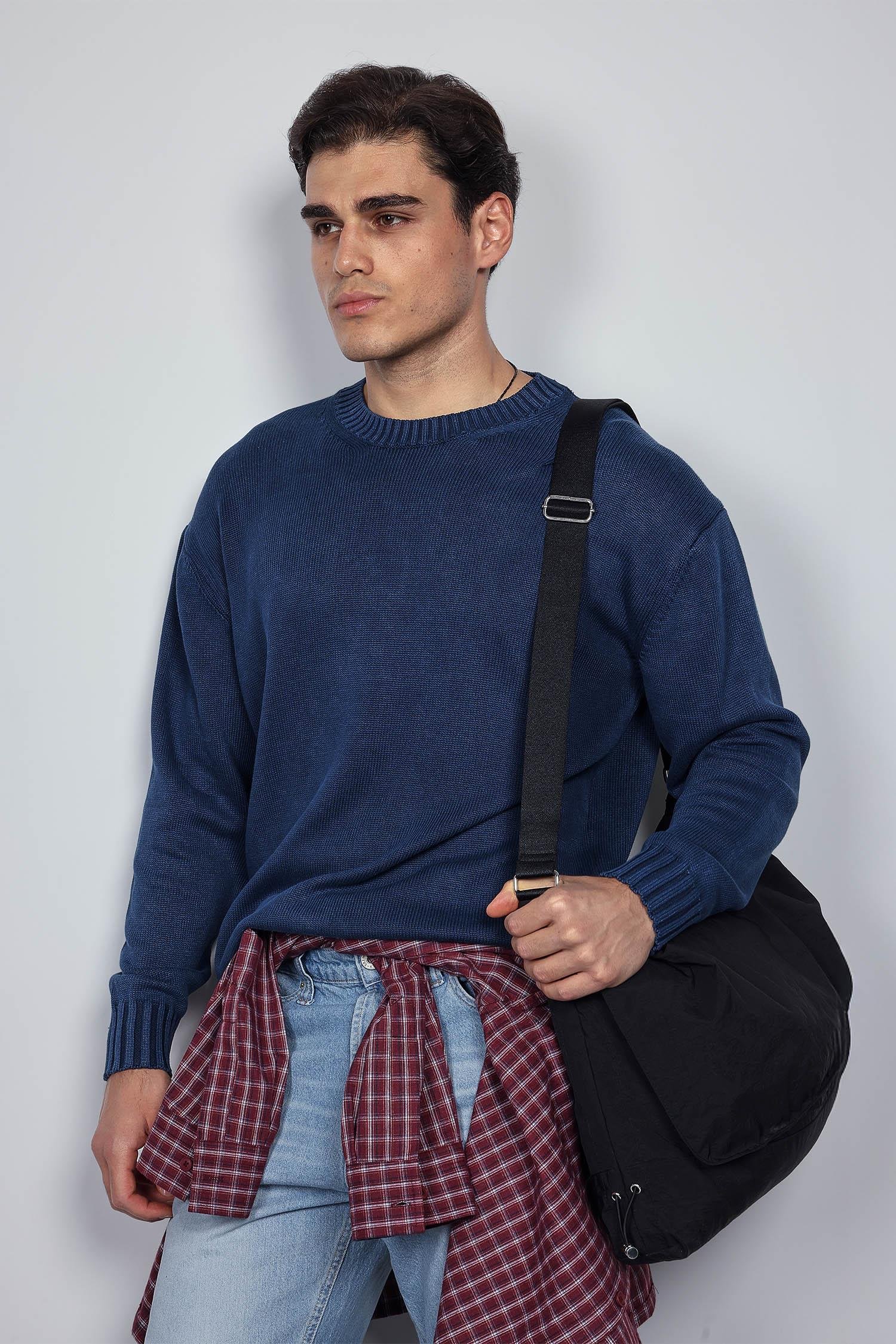 Erkek Oversize Bisiklet Yaka Basic Triko Kazak Lacivert