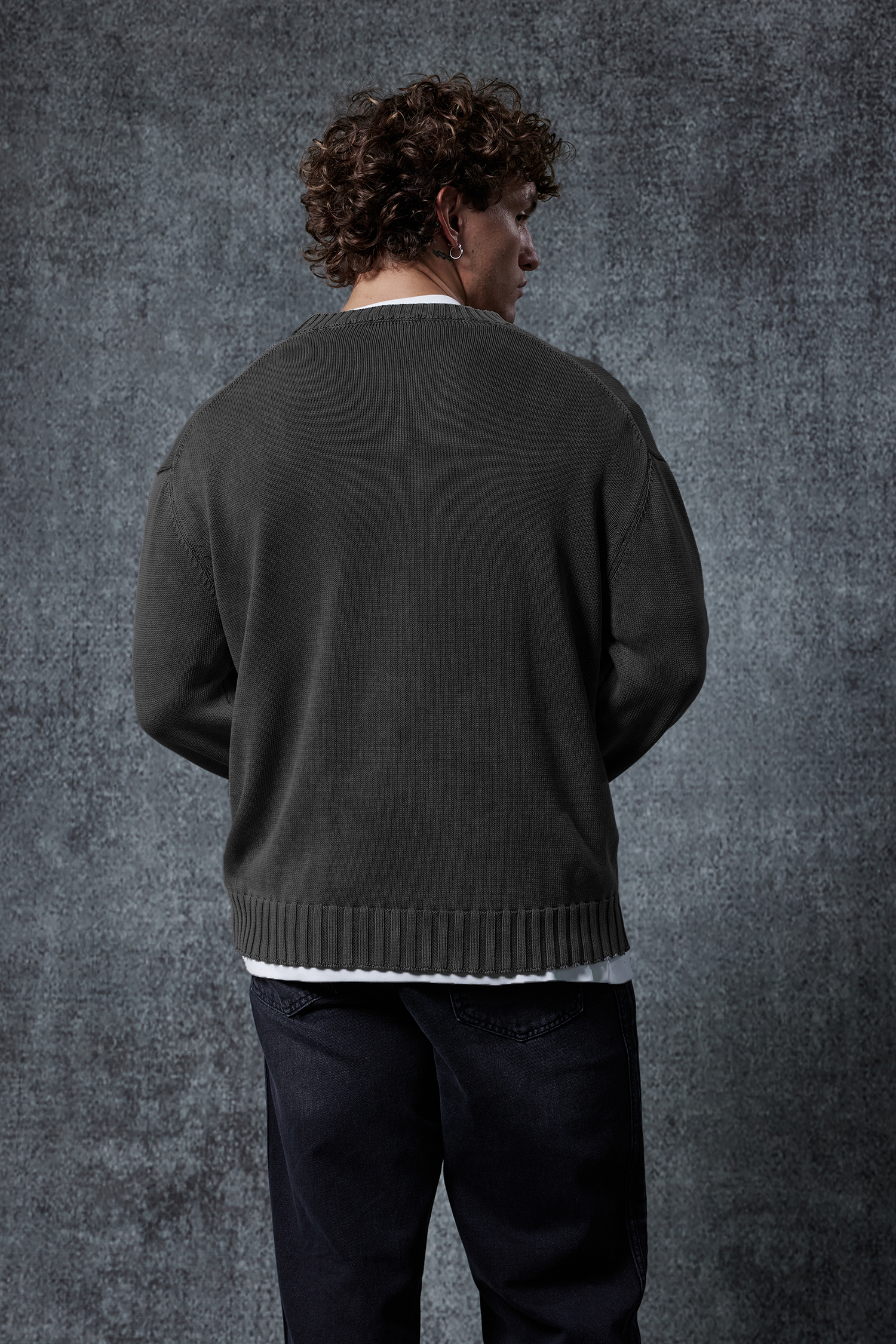 Erkek Oversize Bisiklet Yaka Basic Triko Kazak Siyah