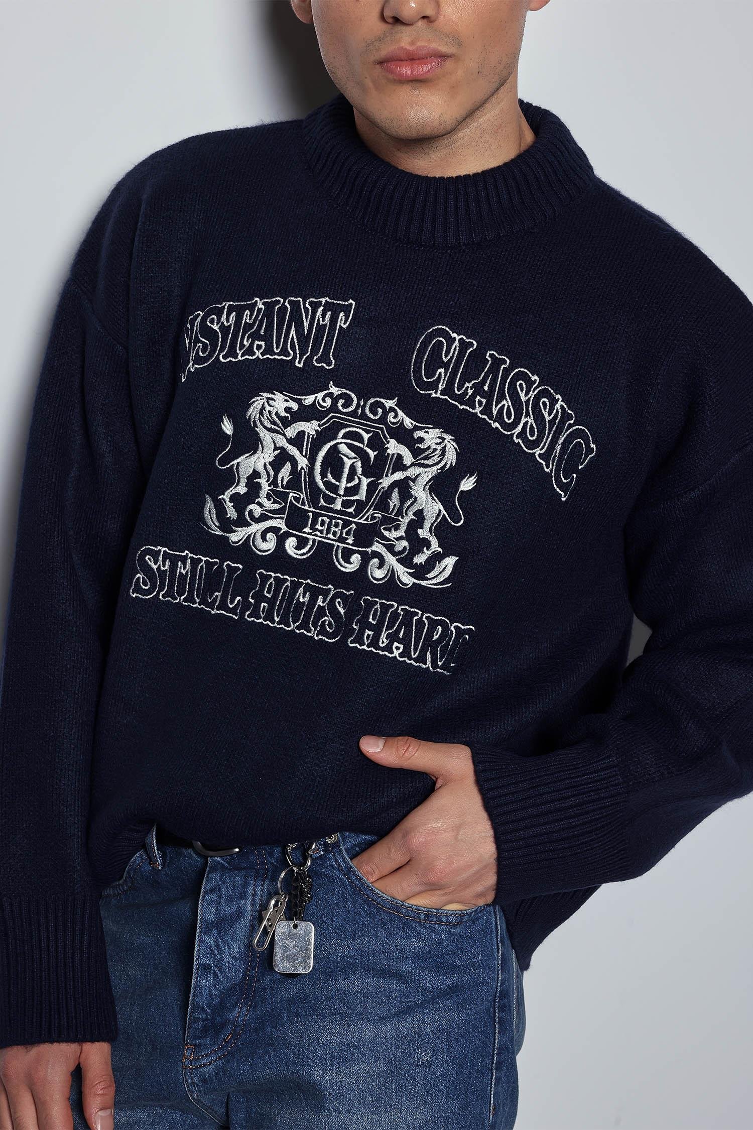 Erkek Oversize Bisiklet Yaka Nakışlı Triko Kazak Lacivert