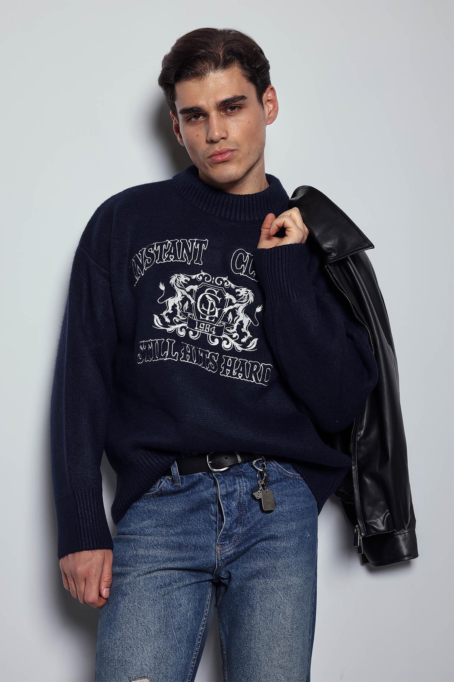 Erkek Oversize Bisiklet Yaka Nakışlı Triko Kazak Lacivert