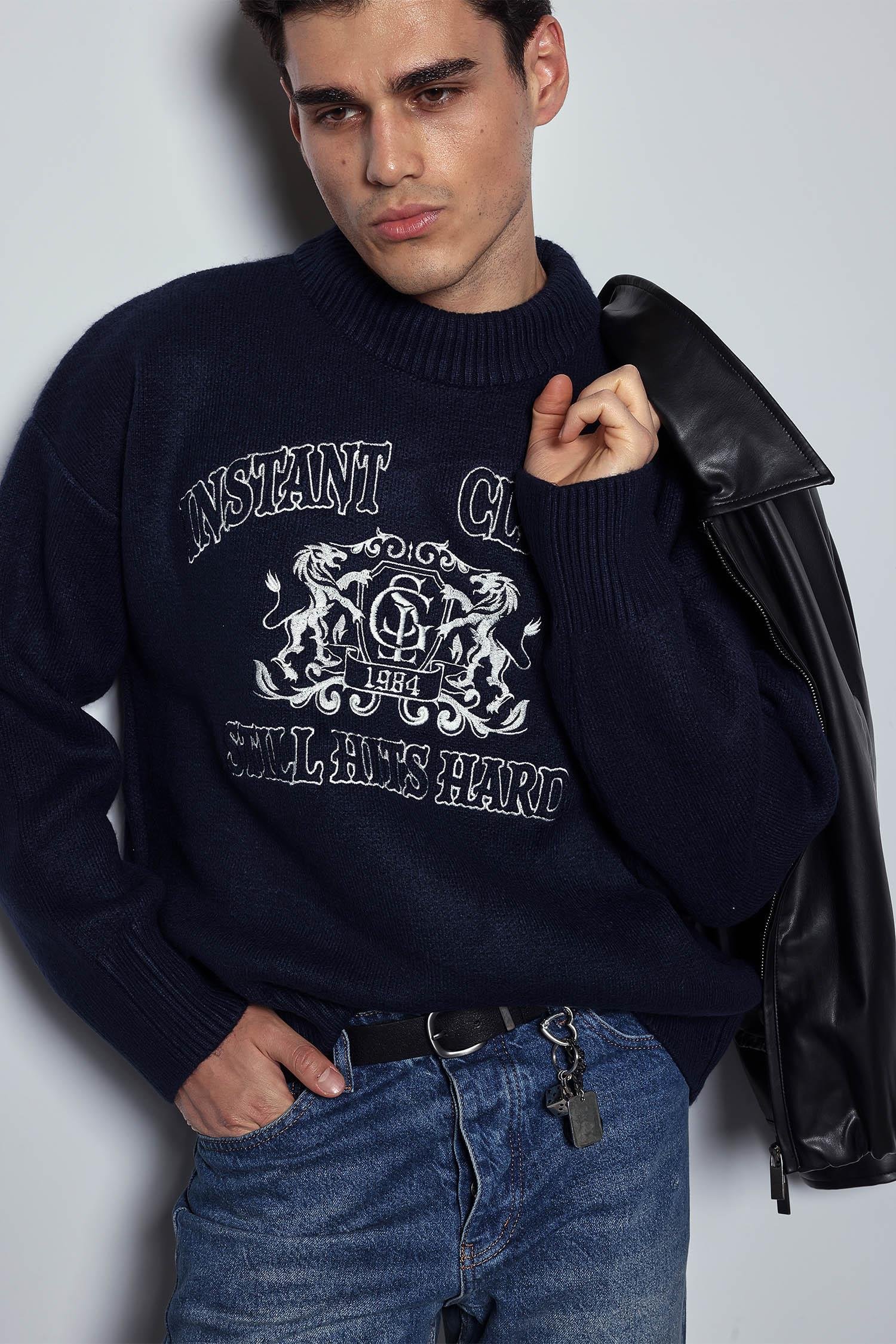 Erkek Oversize Bisiklet Yaka Nakışlı Triko Kazak Lacivert