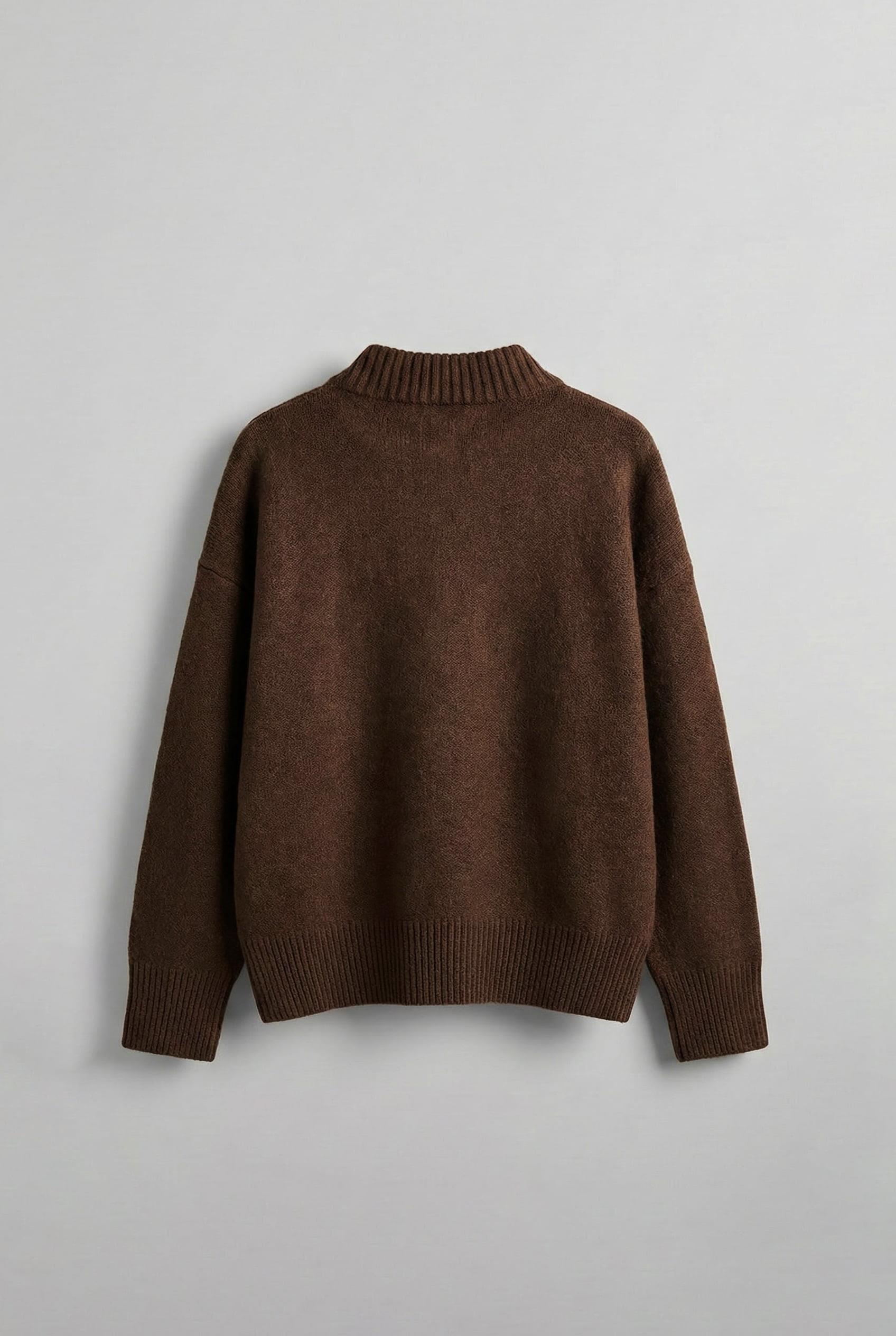 Erkek Oversize Bisiklet Yaka Nakışlı Triko Kazak Kahve