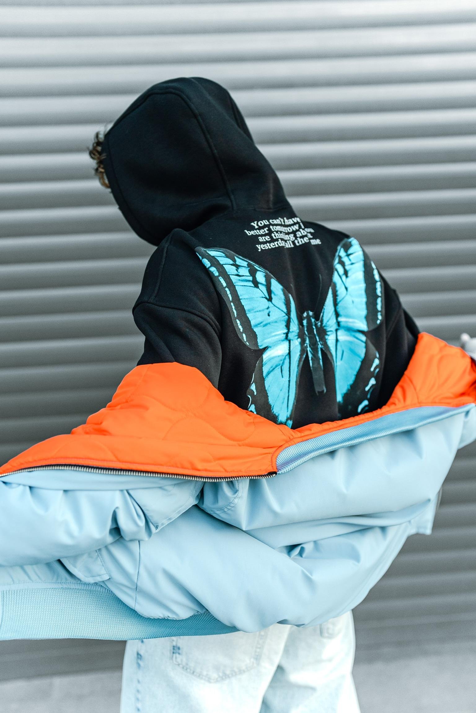 Erkek Oversize Butterfly Baskılı Hoodie Siyah