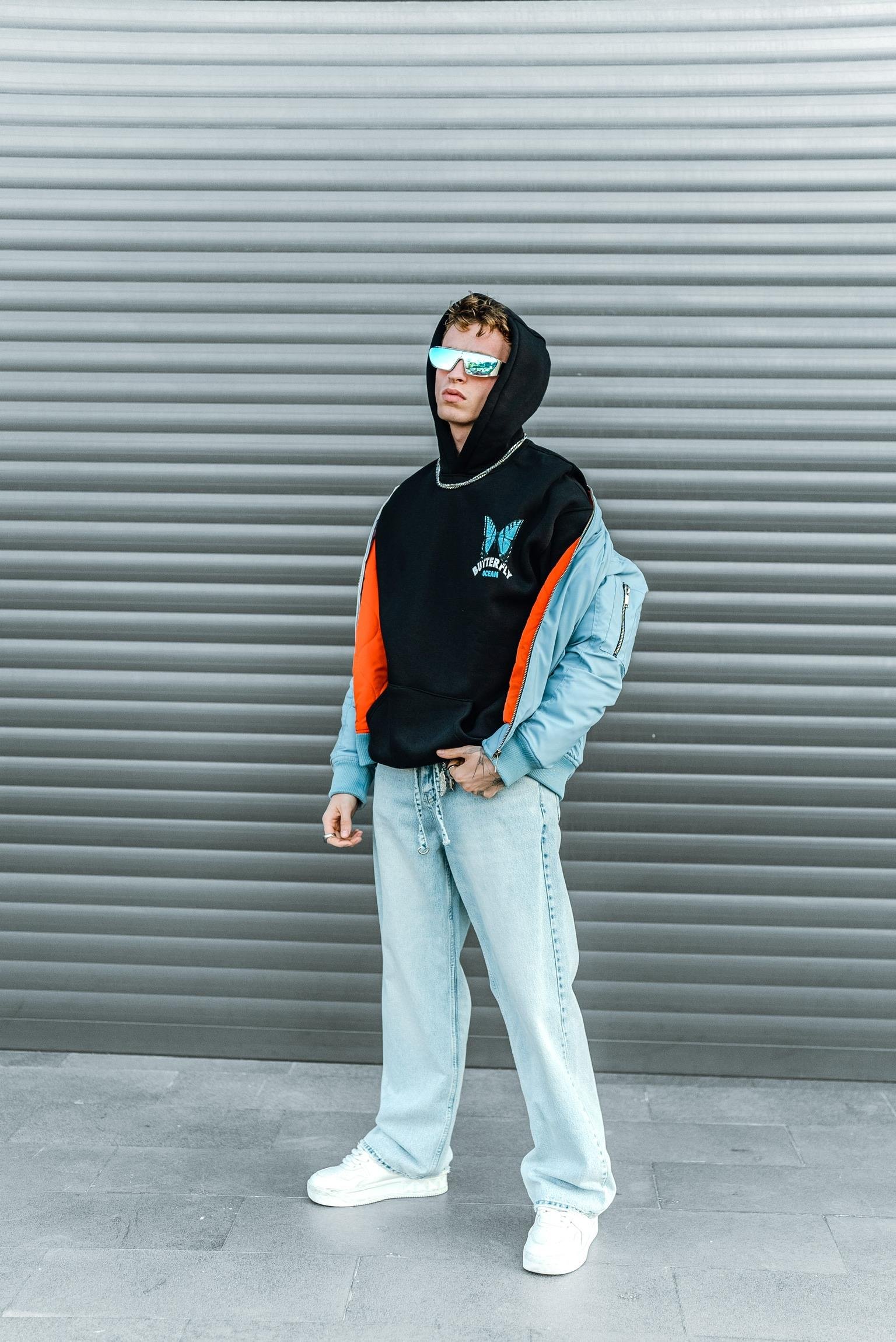 Erkek Oversize Butterfly Baskılı Hoodie Siyah