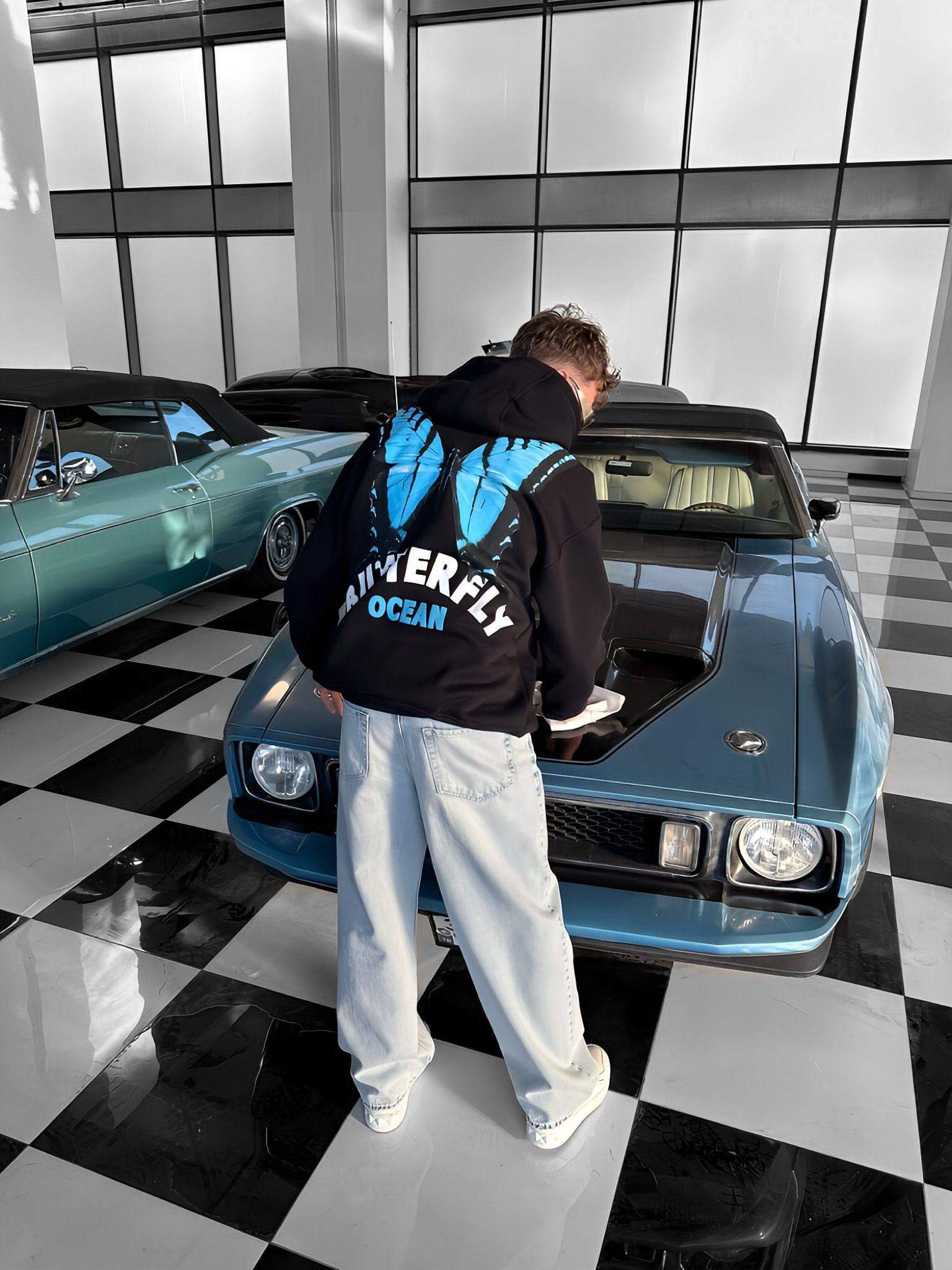 Erkek Oversize Butterfly Baskılı Hoodie Siyah