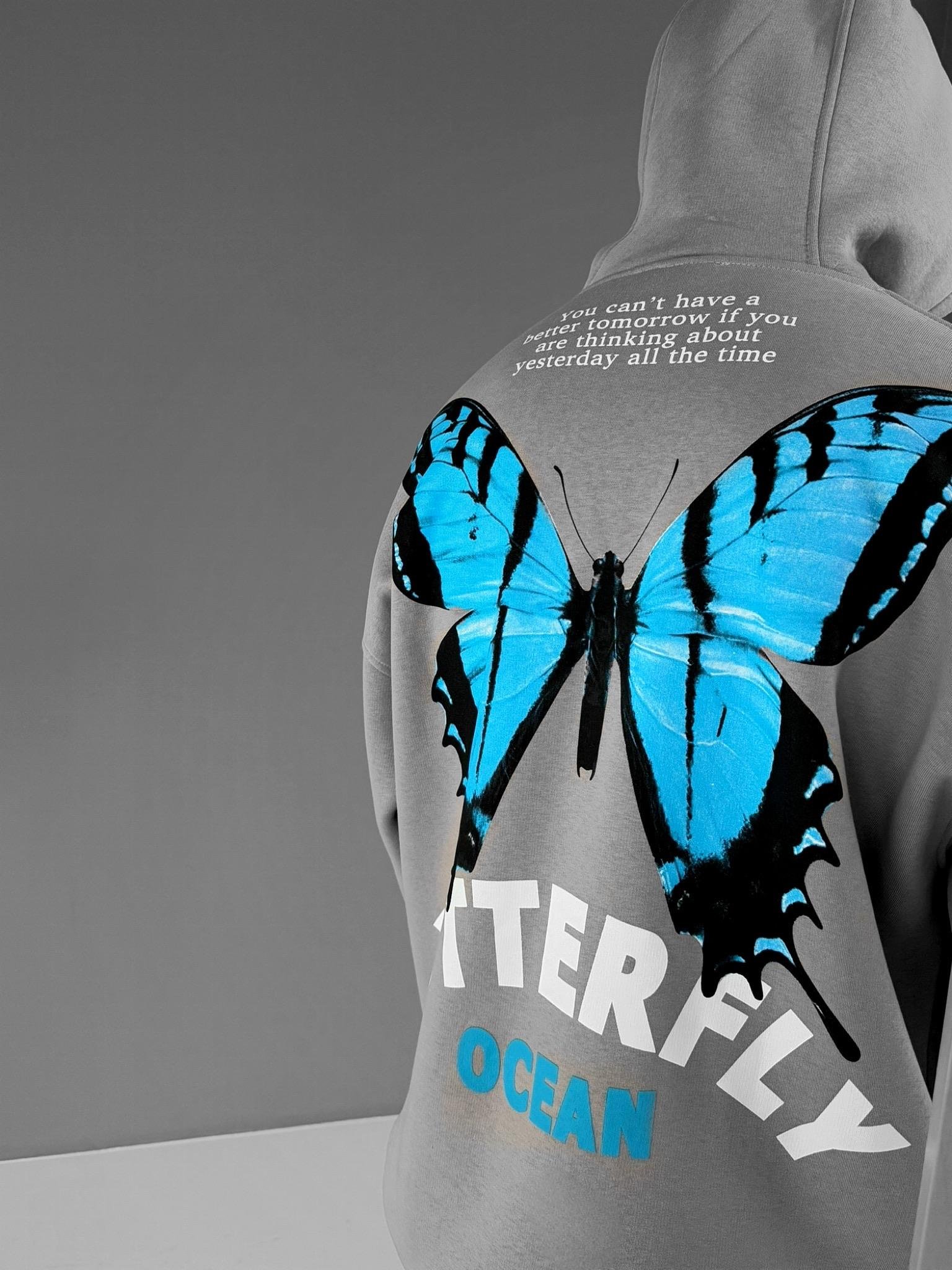 Erkek Oversize Butterfly Baskılı Hoodie Gri