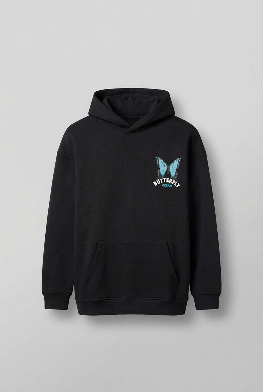 Erkek Oversize Butterfly Baskılı Kapüşonlu Hoodie Siyah