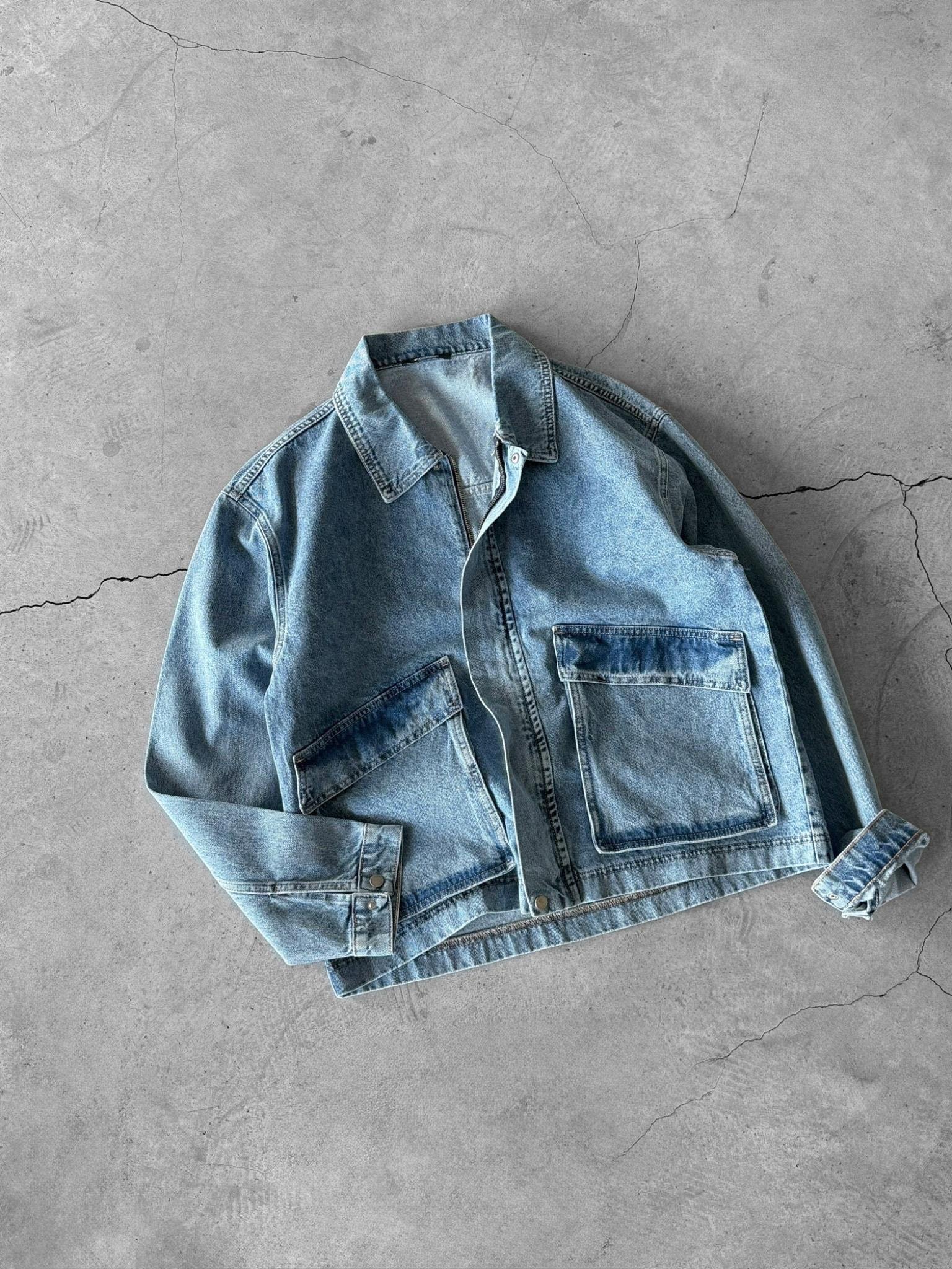 Erkek Oversize Cepli Denim Ceket Mavi