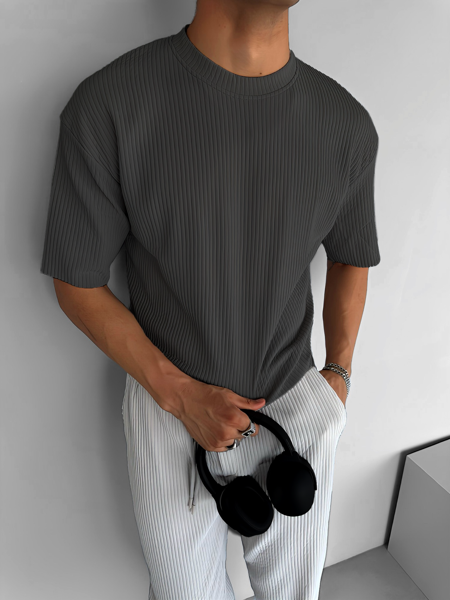 Erkek Oversize Çizgi Desenli Esnek Ve Hafif Rahat Yazlık T-Shirt Füme