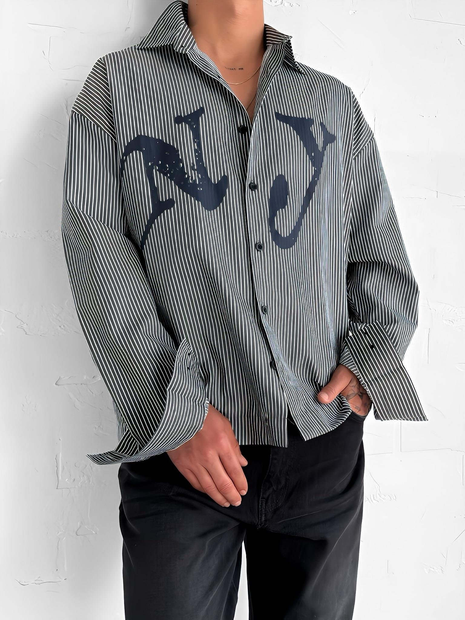 Erkek Oversize Çizgili Baskılı Gömlek Koyu Gri