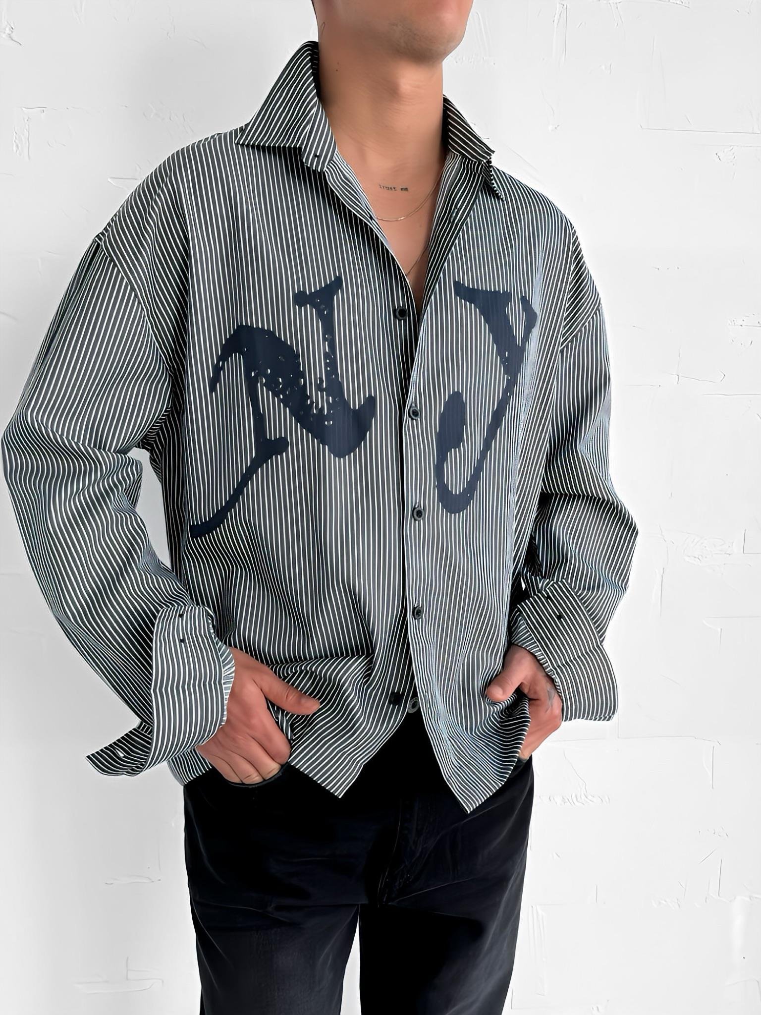 Erkek Oversize Çizgili Baskılı Gömlek Koyu Gri